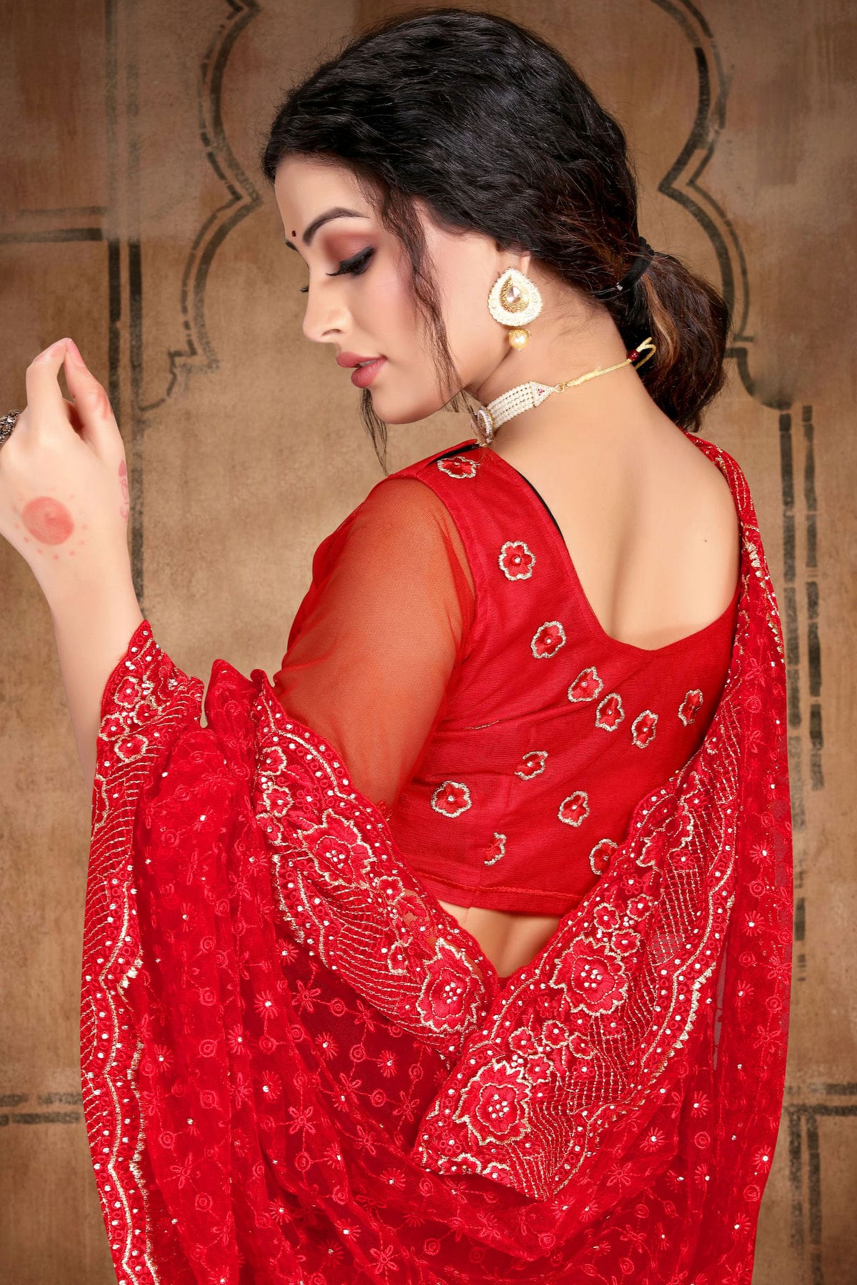 Red Colour Net Saree VSSD1090749