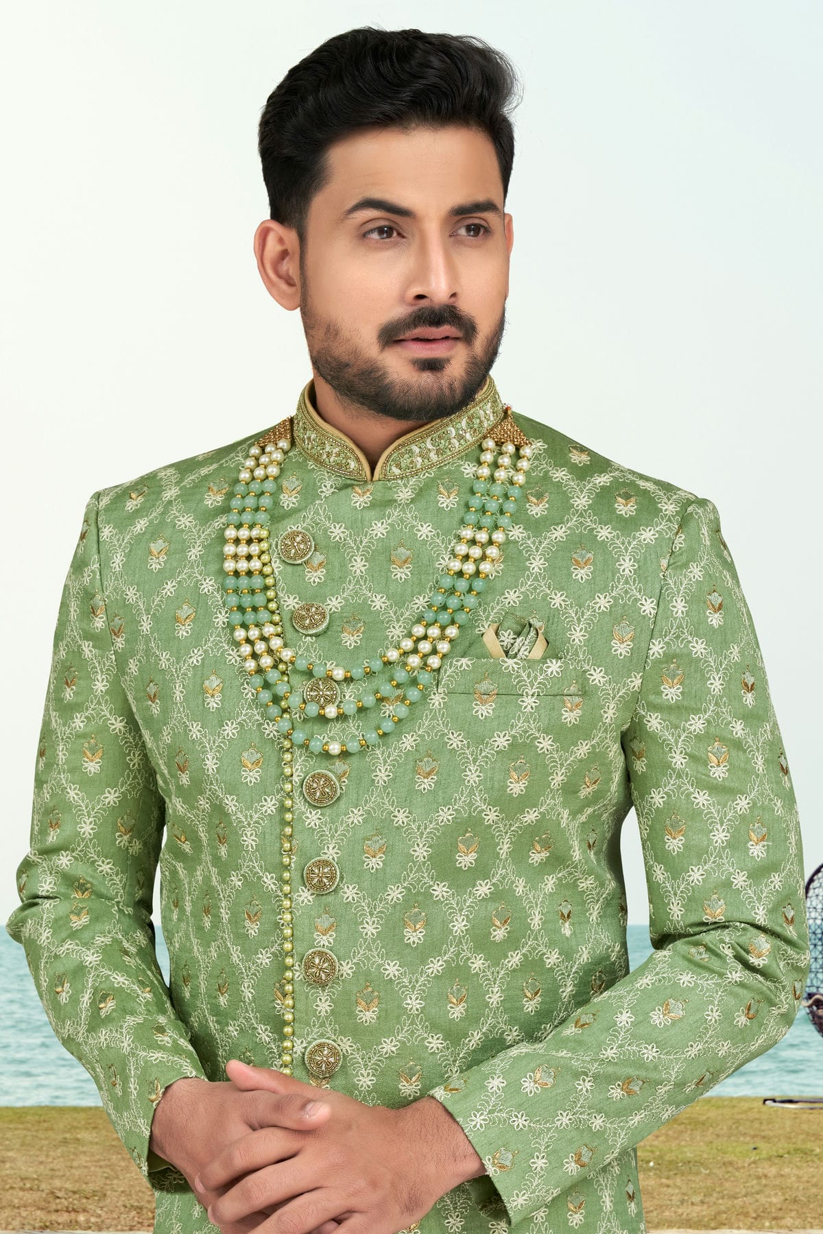 Sea Green Colour Banarasi Silk Indo Western Sherwani VSSH1040508