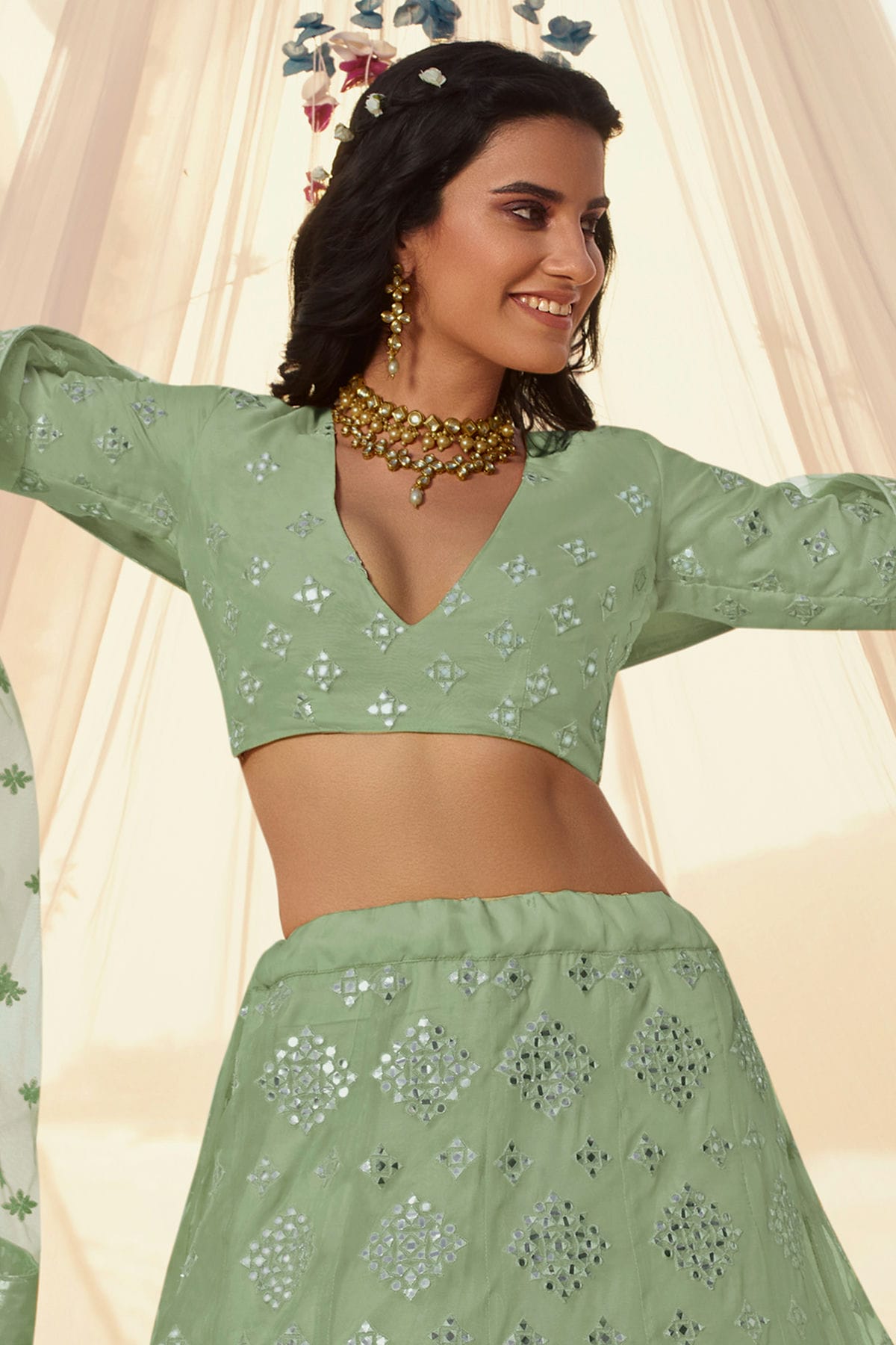 Sea Green Colour Embroidery Organza Lehenga Choli VSLD1080692