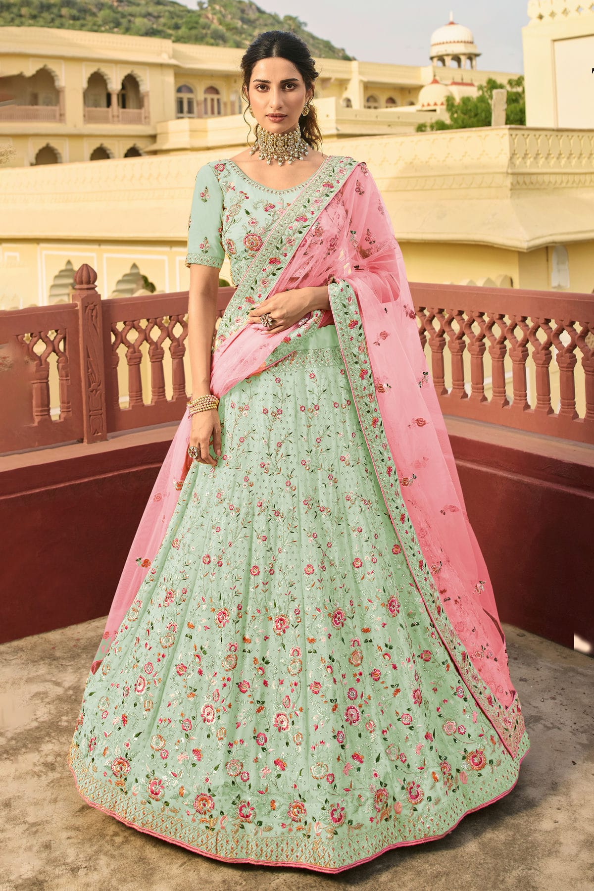 Sea Green Colour Embroidery Organza Lehenga Choli VSLD1080814