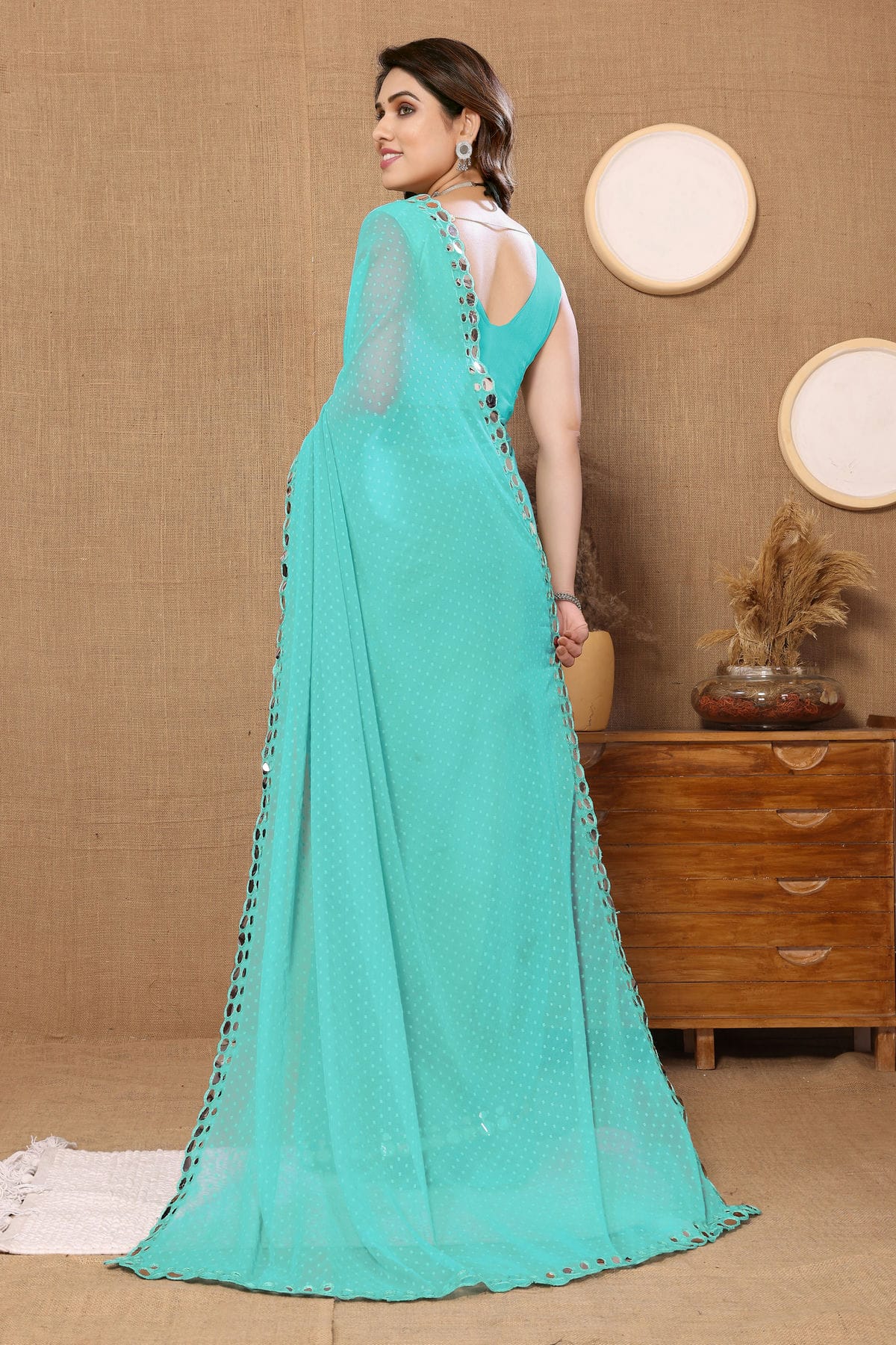 Sea Green Colour Georgette Mirror Work Saree VSSD1180090
