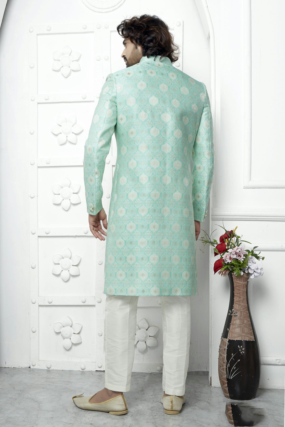 Sea Green Colour Jacquard Silk Indowestern Sherwani With Aligadhi Pant VSSH1230033
