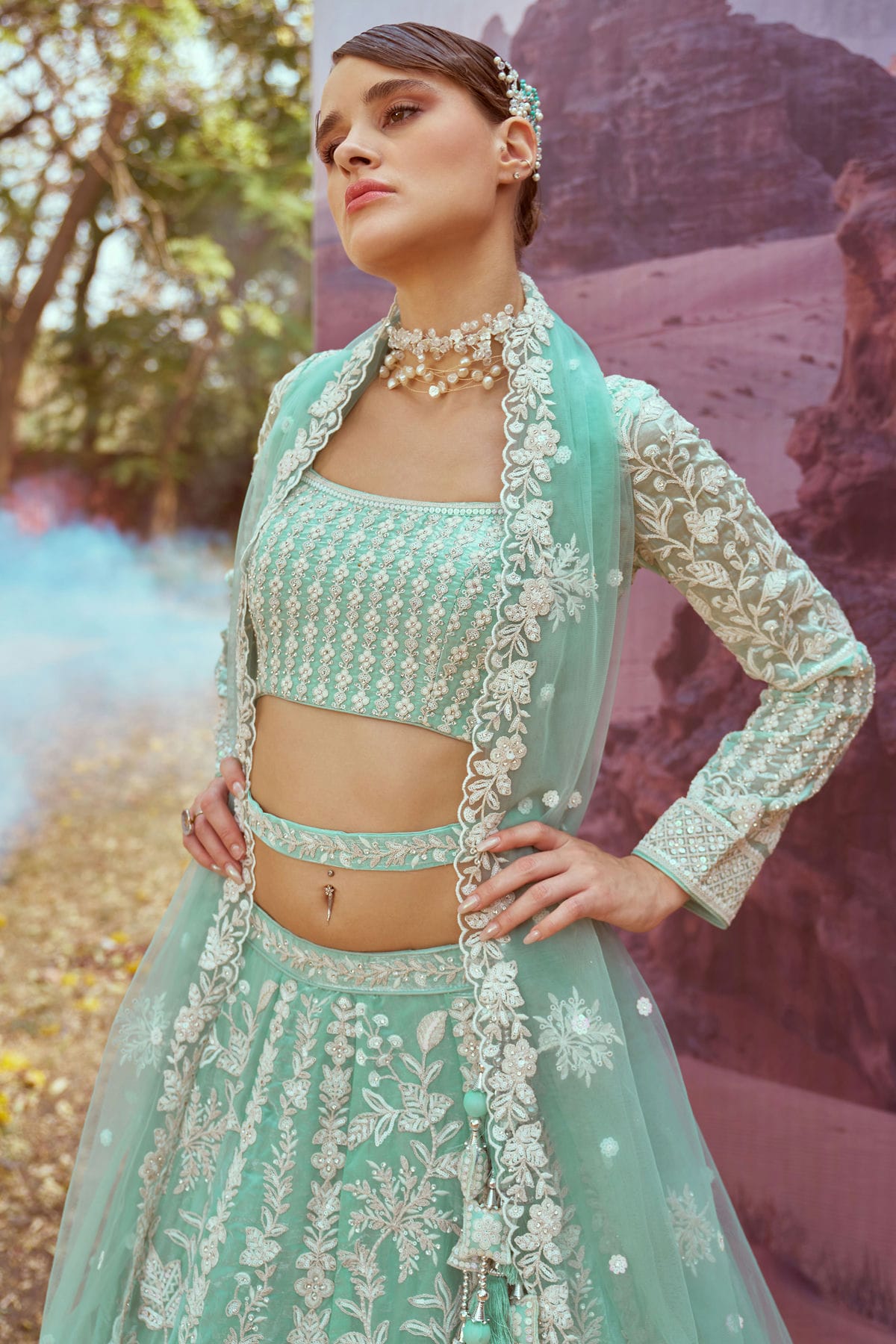 Sea Green Colour Organza Embroidery Lehenga Choli VSLC1111398