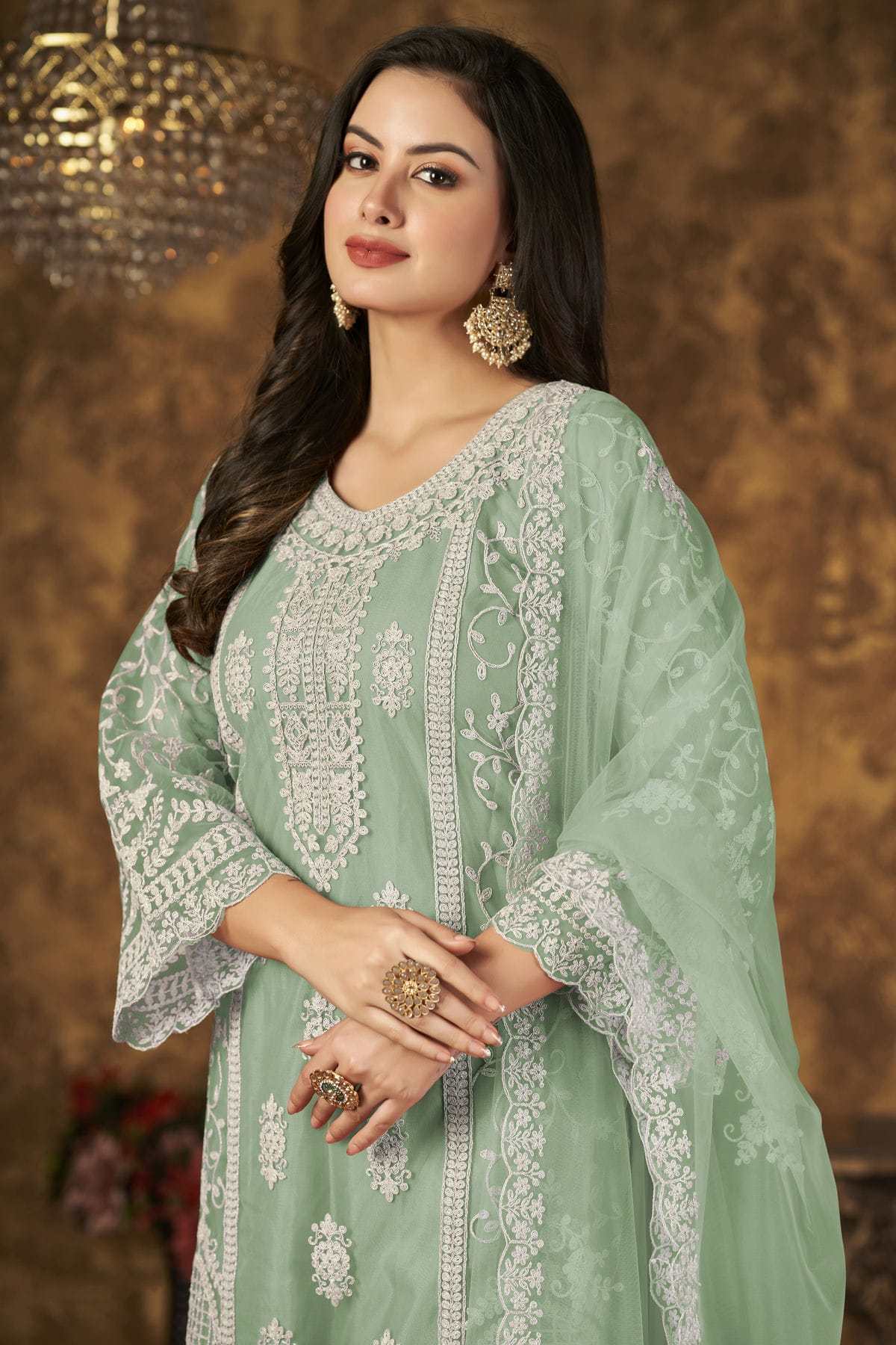 Sea Green Colour Plazoo Pant Suit Net Semi Stitched VSSM1050529