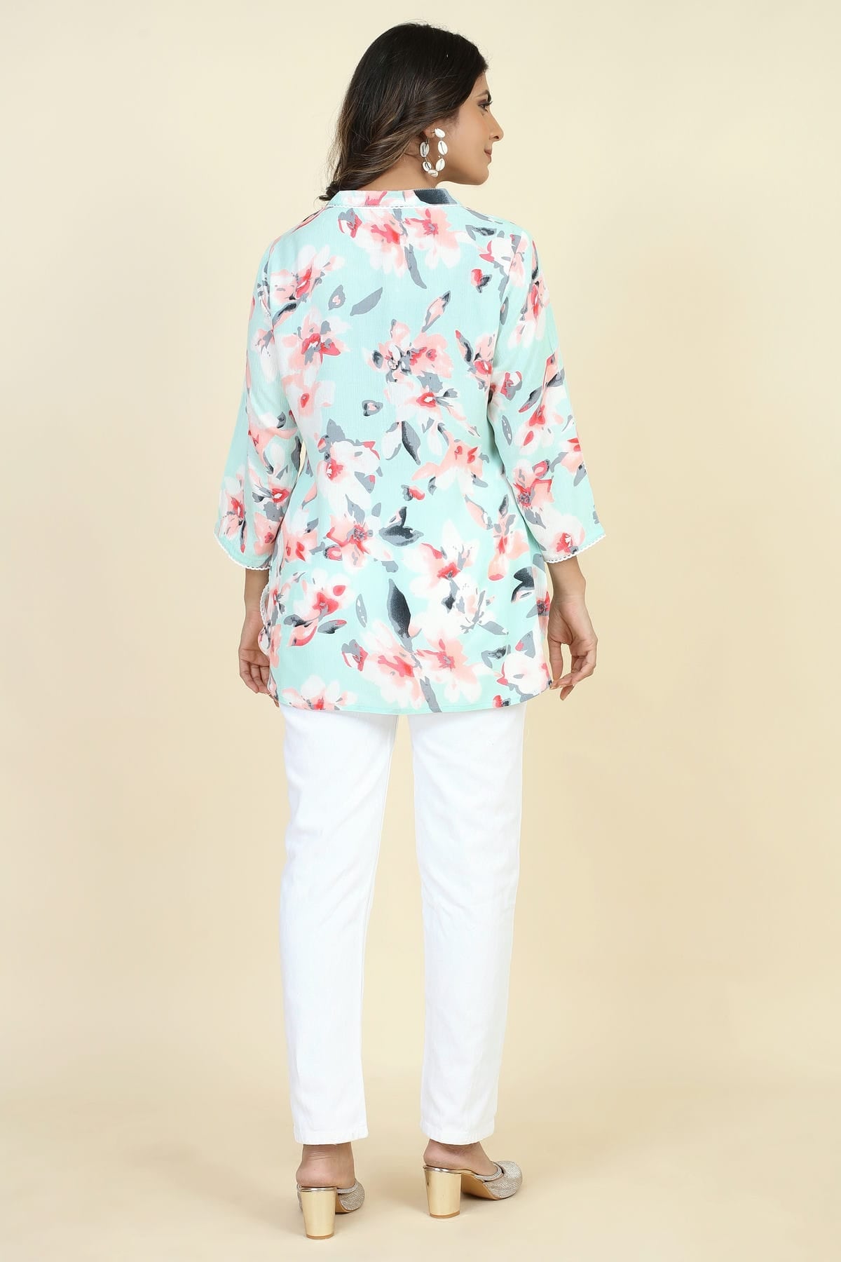 Sea Green Colour Rayon Printed Work Readymade Top VSTP1110750