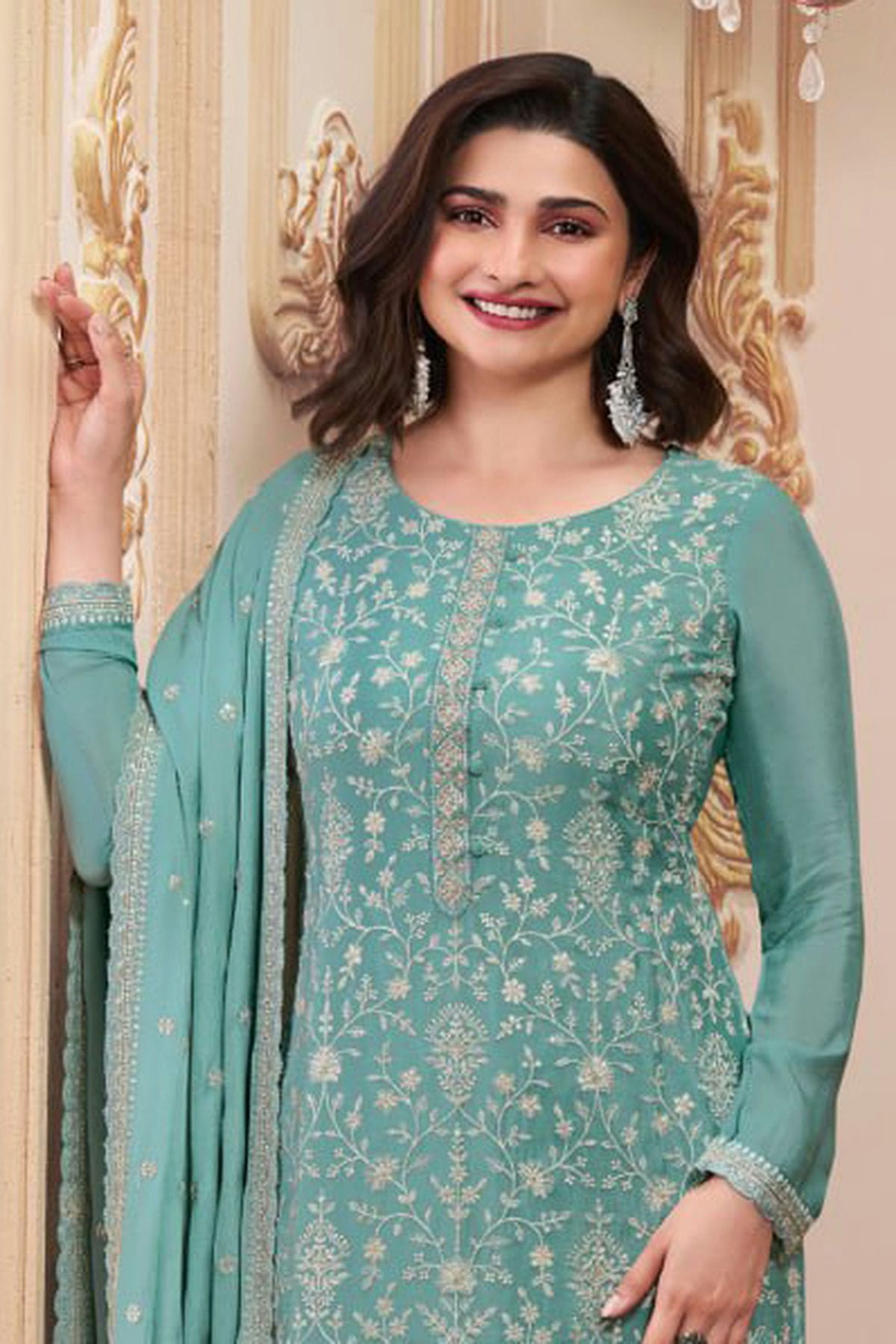 Sea Green Colour Semi Stitched Chinon Silk Pant Style Suit VSSM1140216