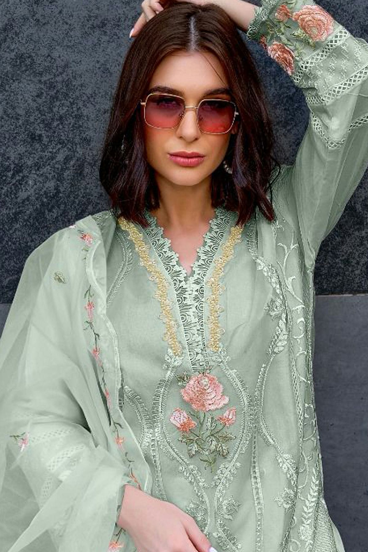 Sea Green Colour Semi Stitched Organza Pakistani Suit VSSM1140154