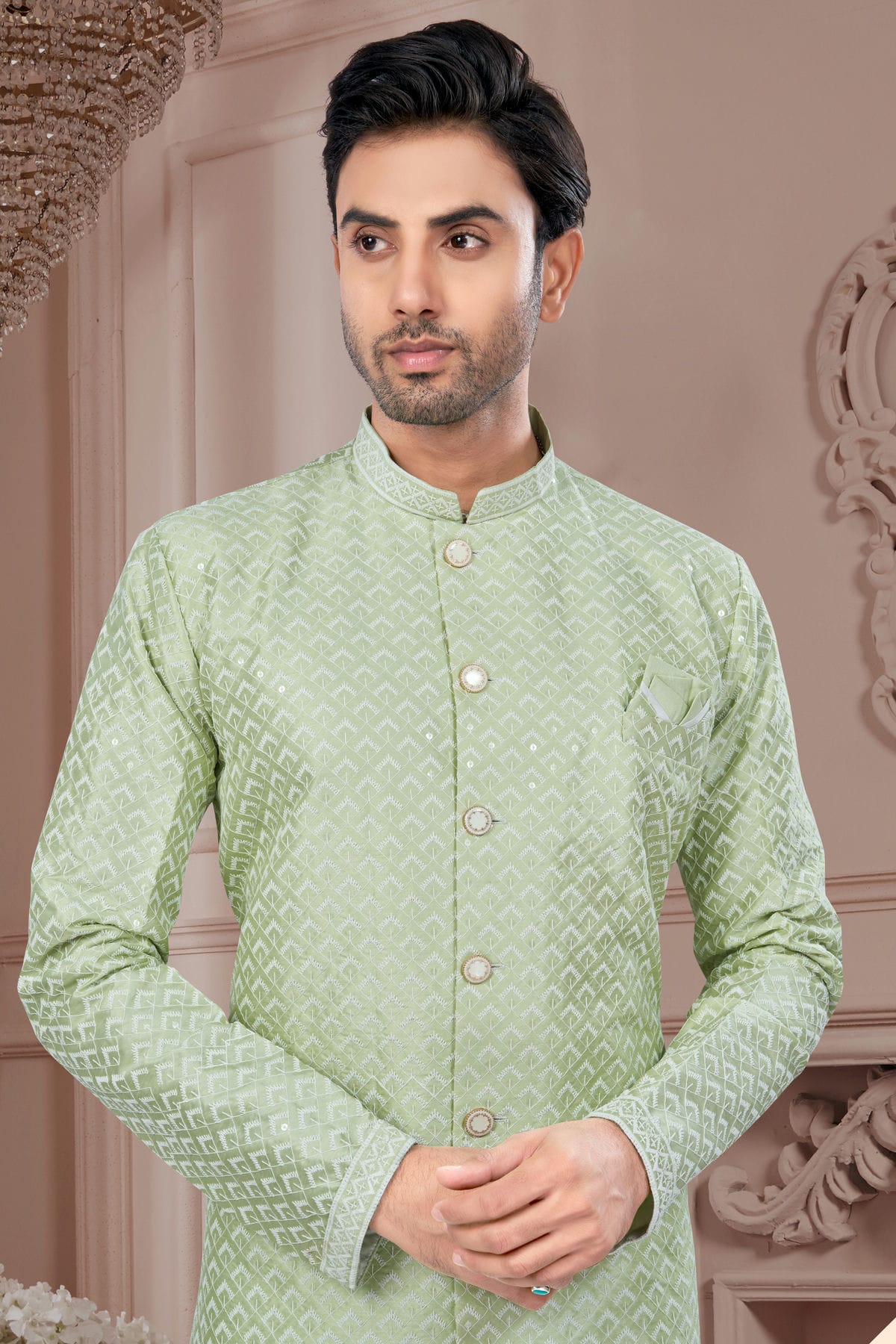 Sea Green Colour Silk Dupion Sherwani VSSH1040599