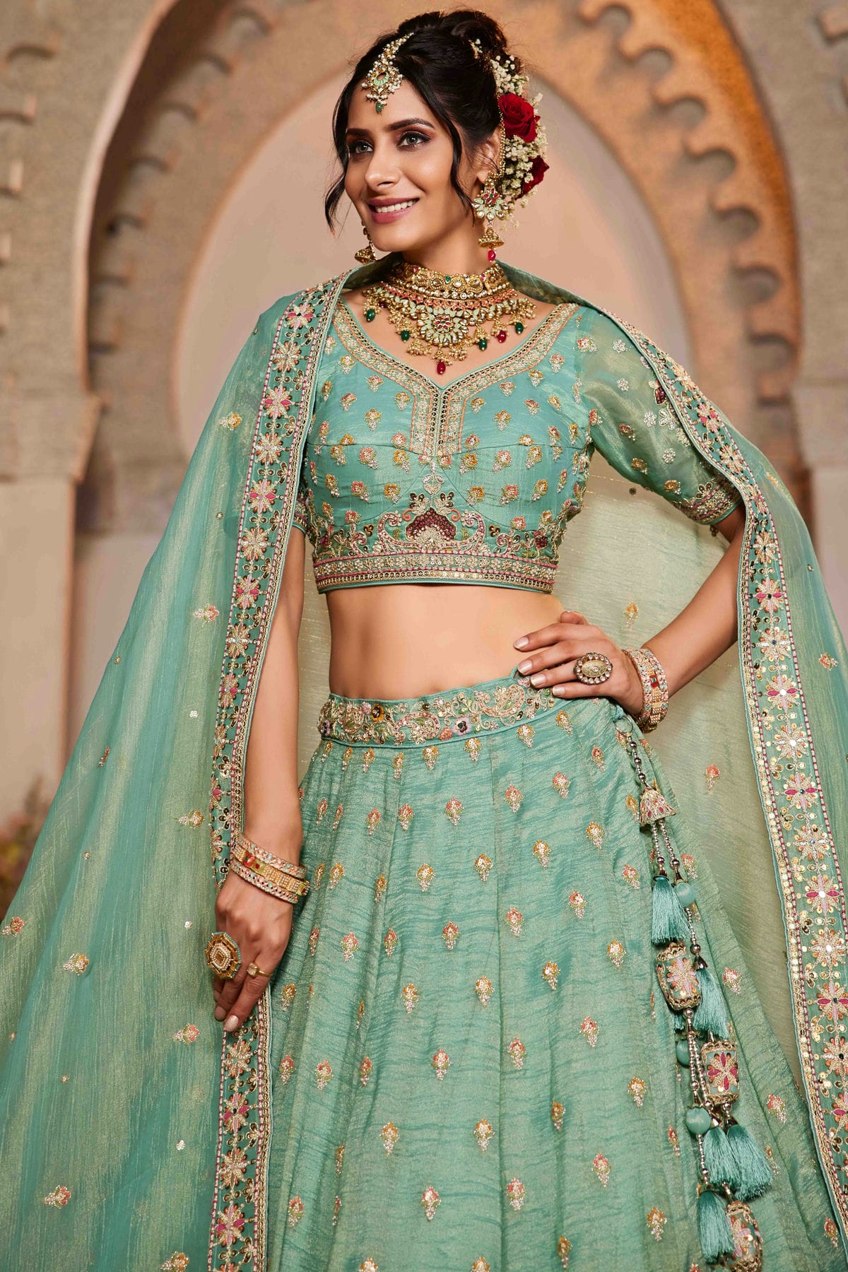 Sea Green Colour Tissue Lehenga Choli VSLC1113153