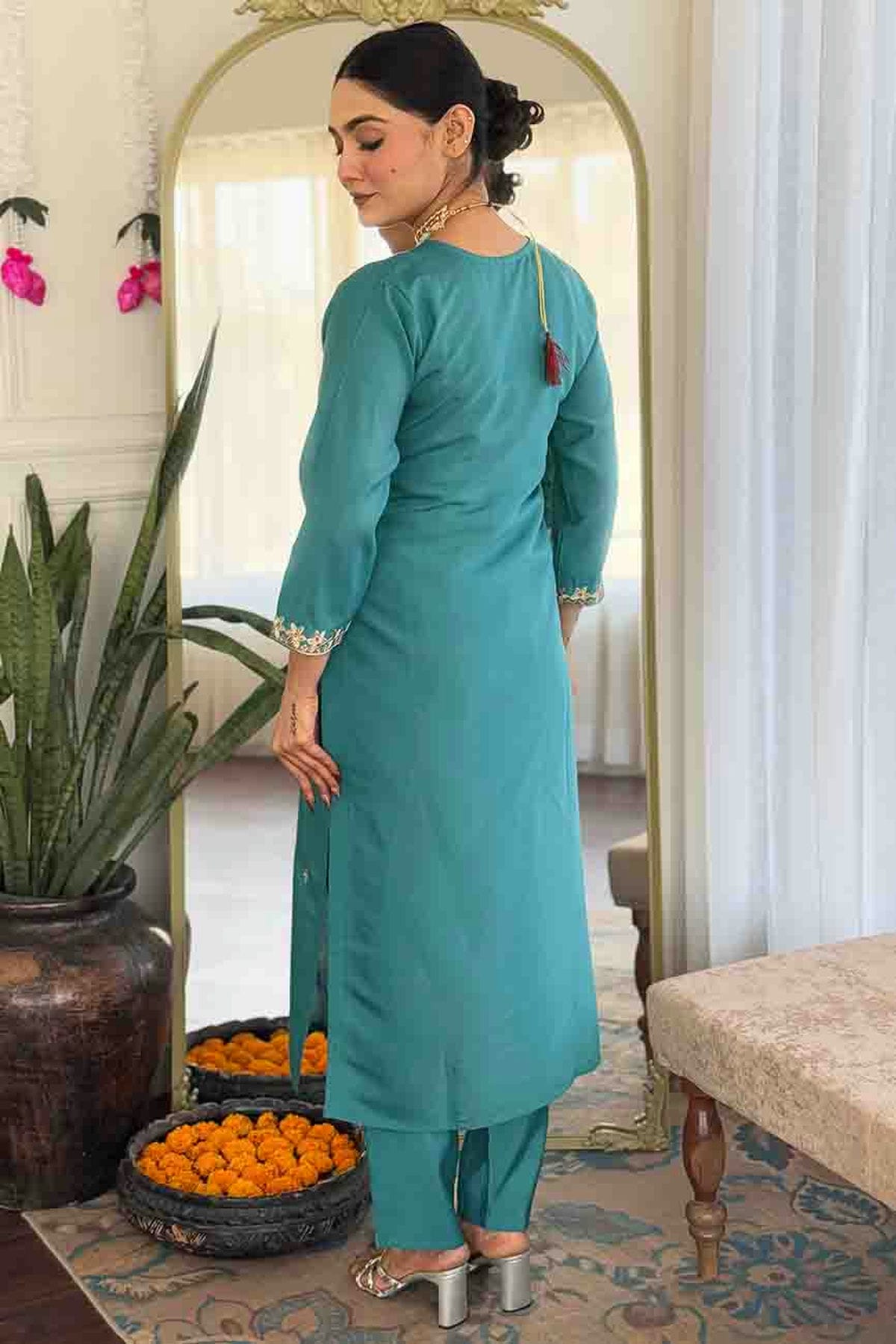 Sea Green Colour Viscose Chanderi Embroidery Pant Style Suit VSSS1113648