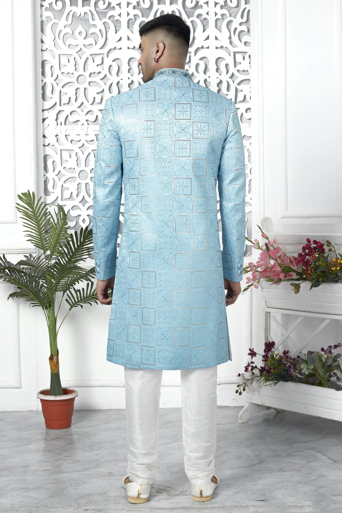 Sky Blue Colour Art Silk Sherwani With Churidar Pant VSSH1230054