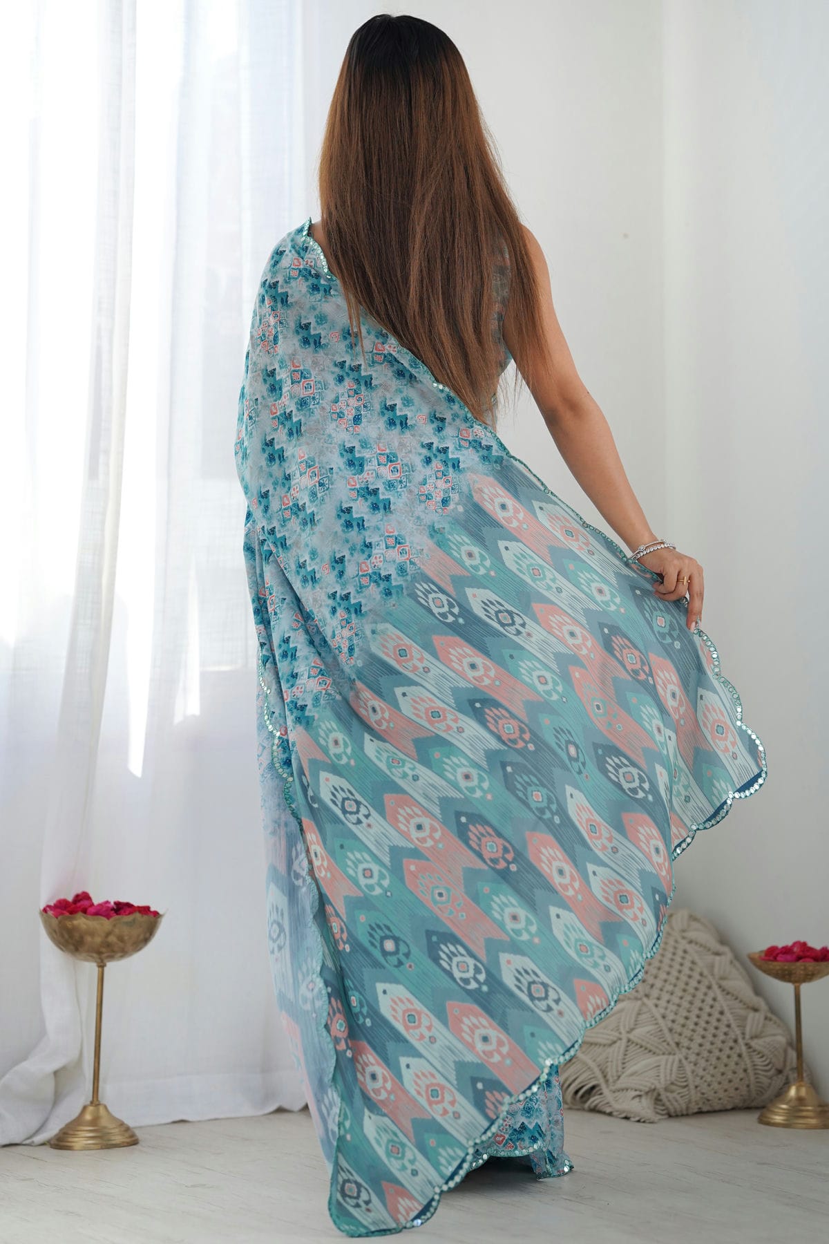 Sky Blue Colour Chinon Printed Saree VSSD1112074
