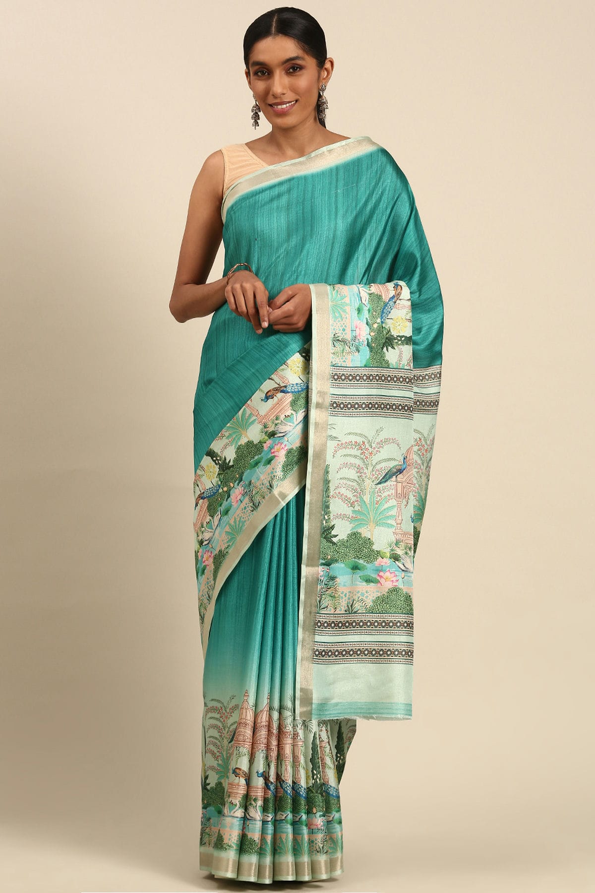 Sky Blue Colour Cotton Digital Printed Printed Saree