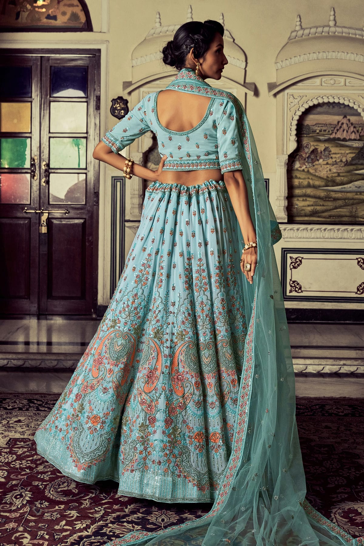 Sky Blue Colour Embroidery Georgette Lehenga Choli VSLD1080712