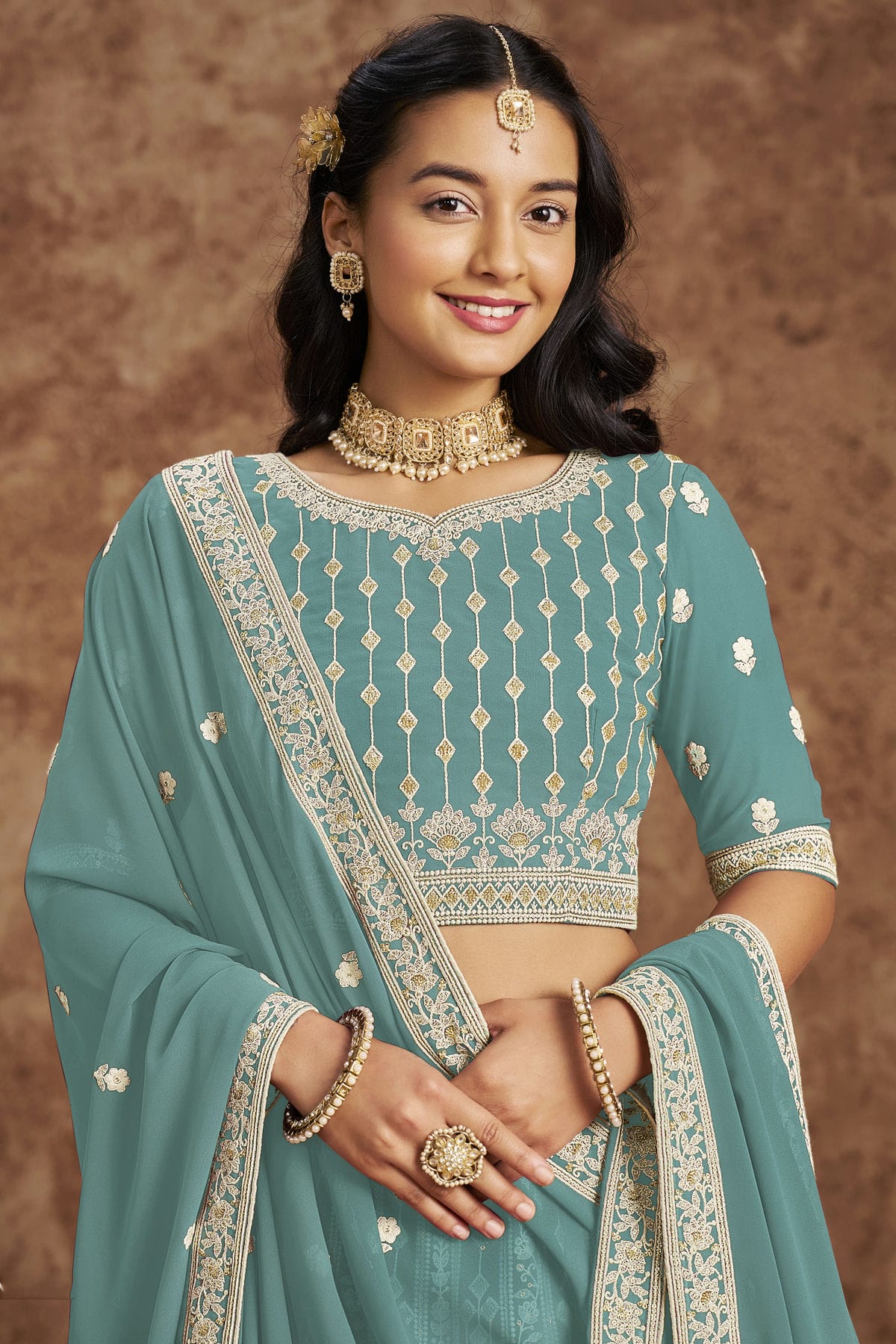Sky Blue Colour Embroidery Lehenga Choli In Faux Georgette Fabric