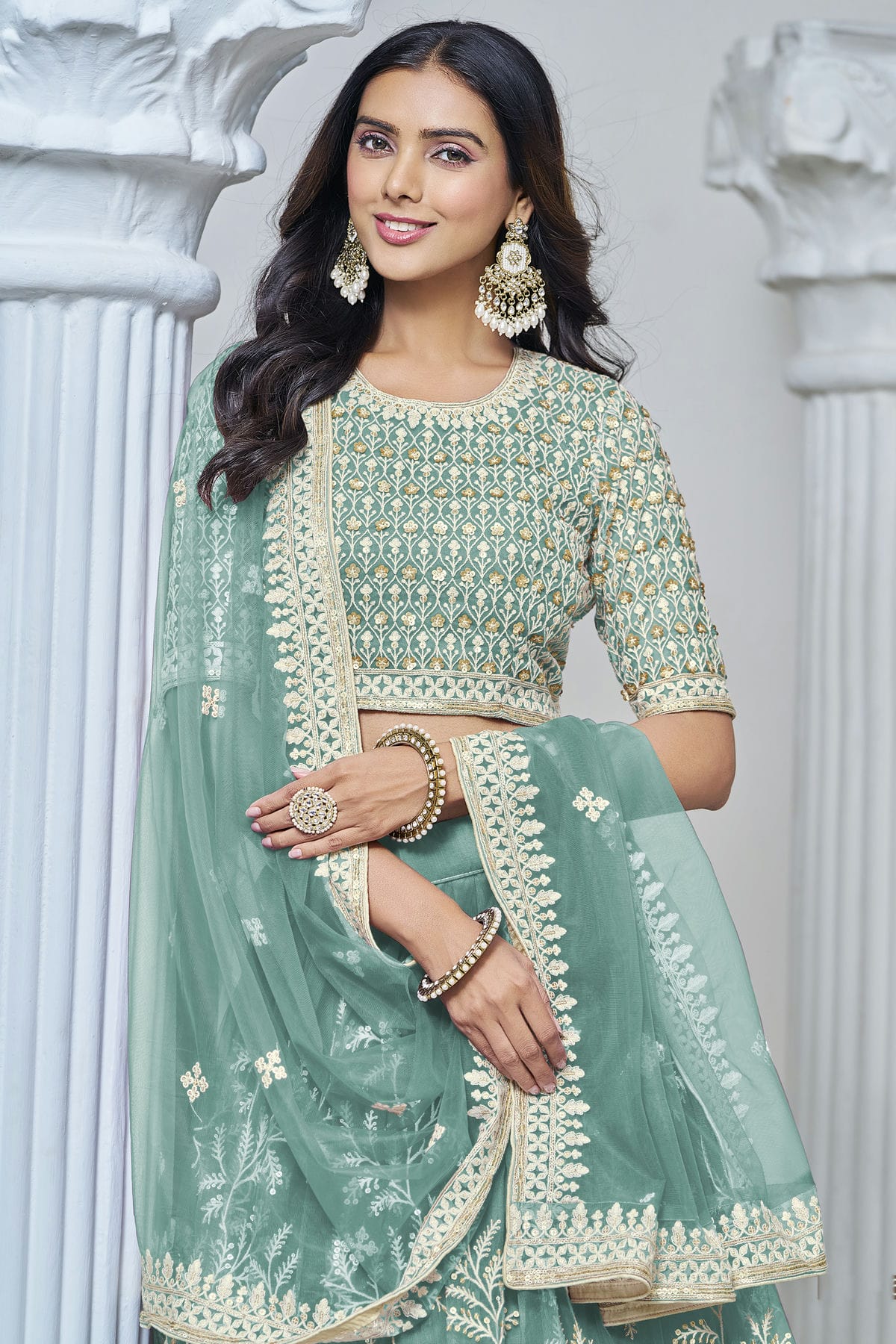 Sky Blue Colour Embroidery Lehenga Choli In Net Fabric