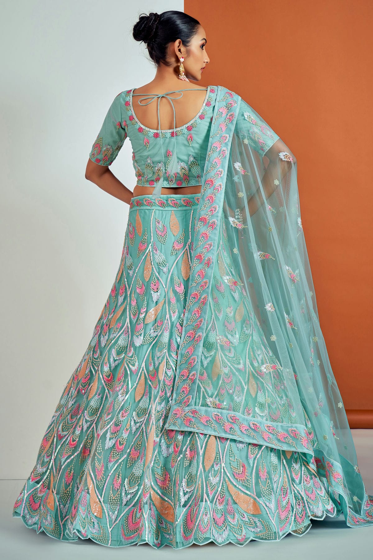 Sky Blue Colour Embroidery Soft Net Lehenga Choli VSLD1080673