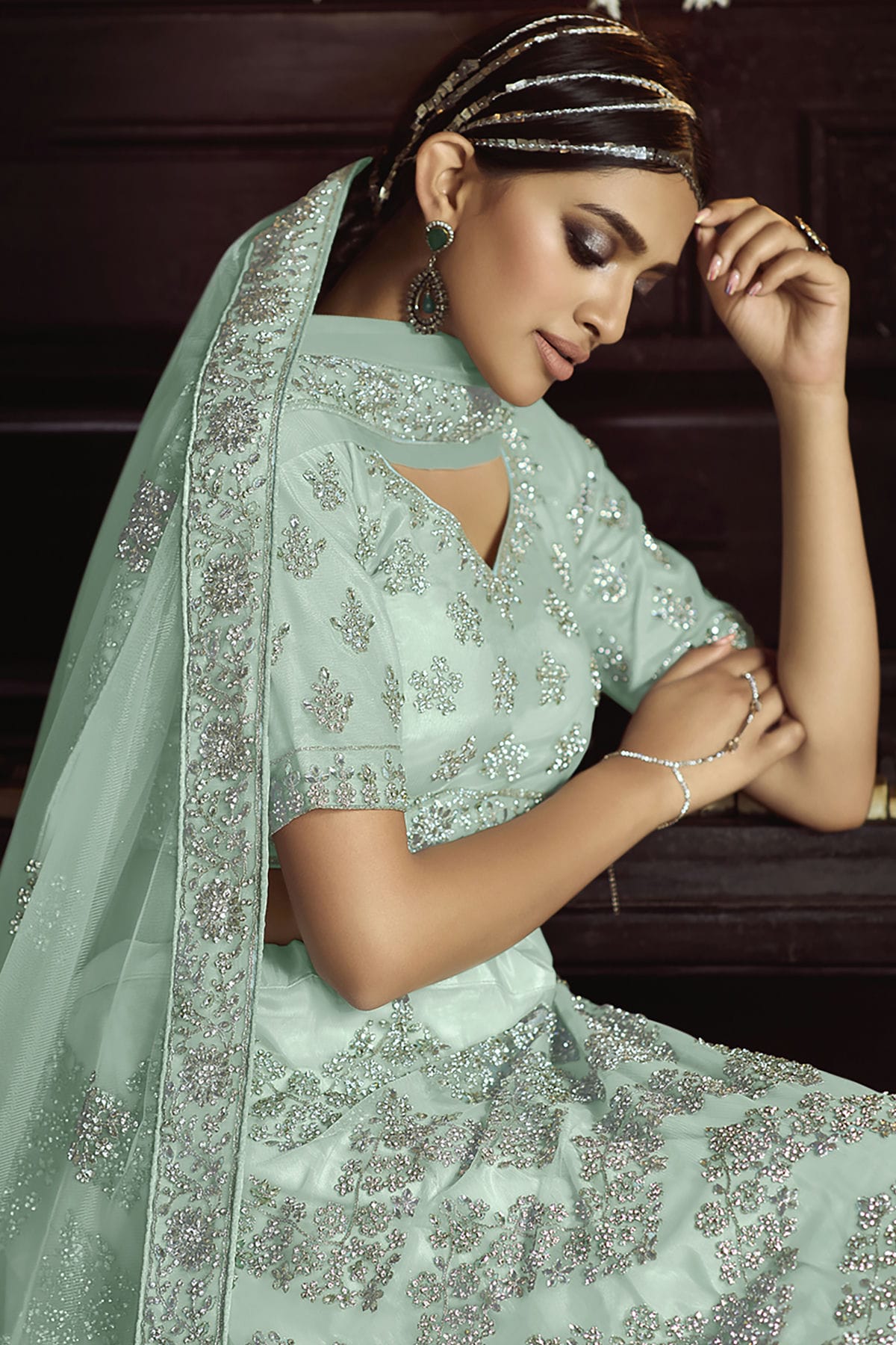 Sky Blue Colour Embroidery Soft Net Lehenga Choli VSLD1080867