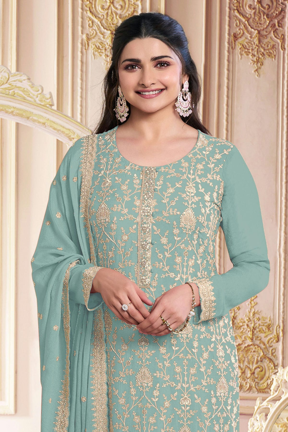 Sky Blue Colour Faux Georgette Semi Stitched Pant Style Suit VSSM1140493