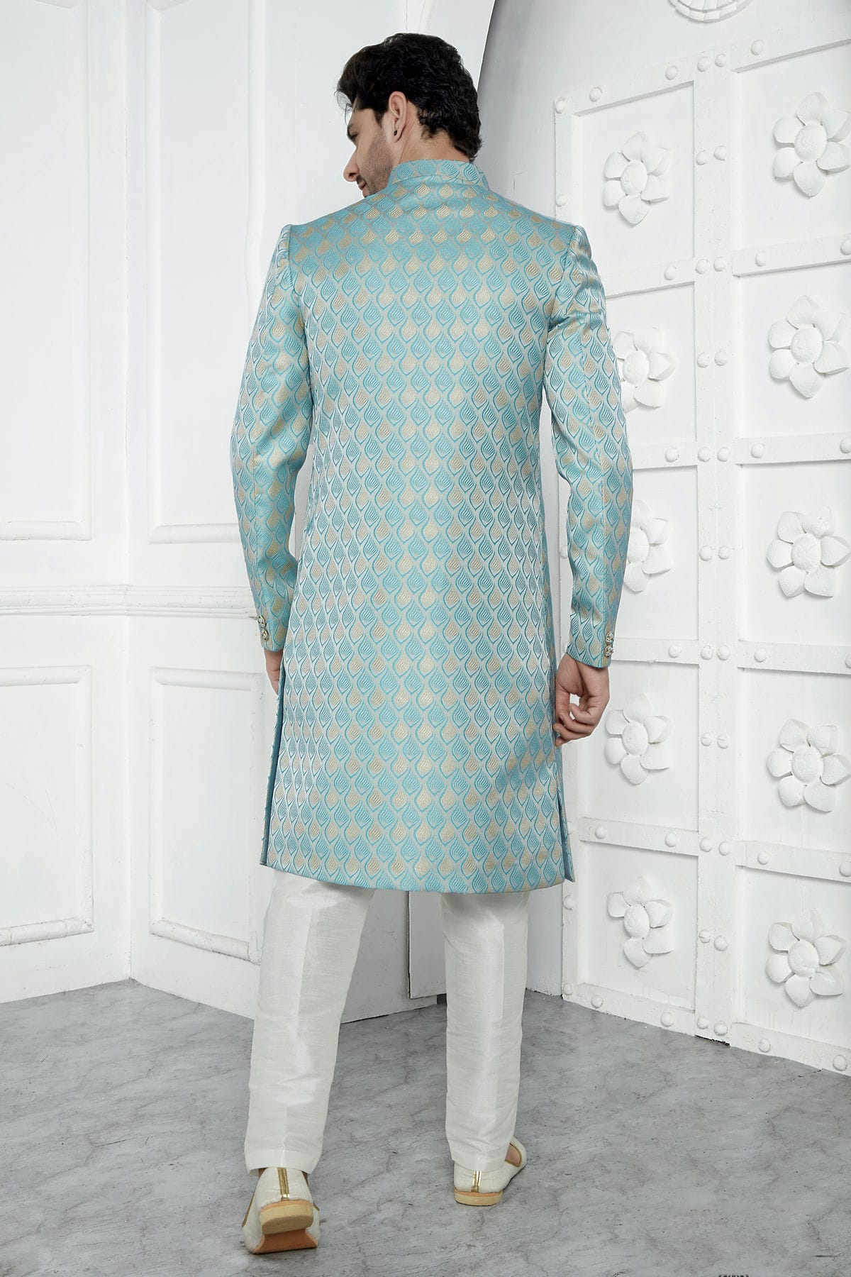 Sky Blue Colour Jacquard Silk Indowestern Sherwani With Aligadhi Pant VSSH1230029