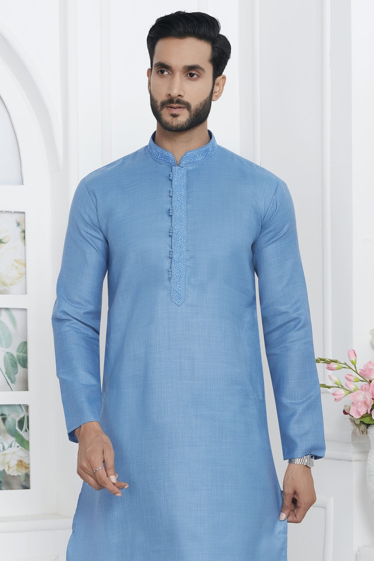 Sky Blue Colour Linen Cotton Thread Work Kurta Pajama VSKP1230138