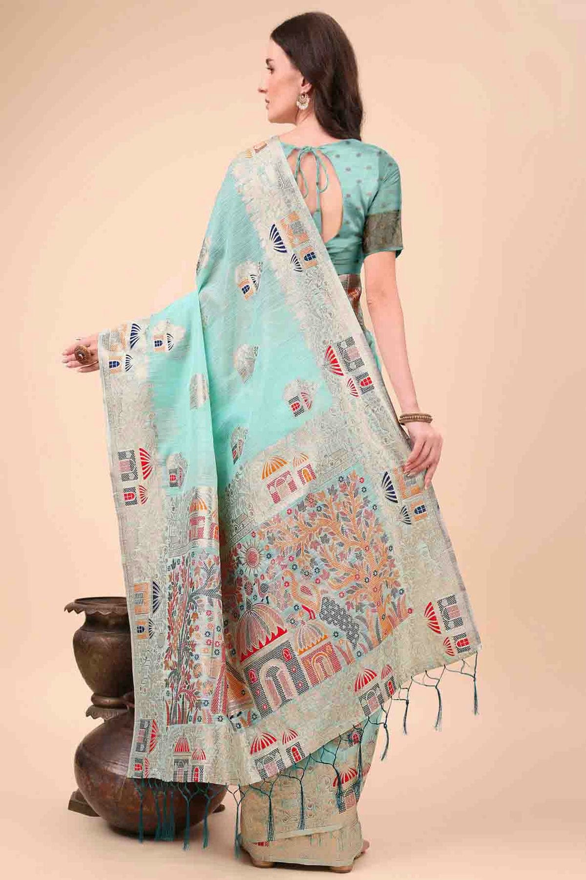 Sky Blue Colour Linen Cotton Woven Traditional Sarees VSSD1113736