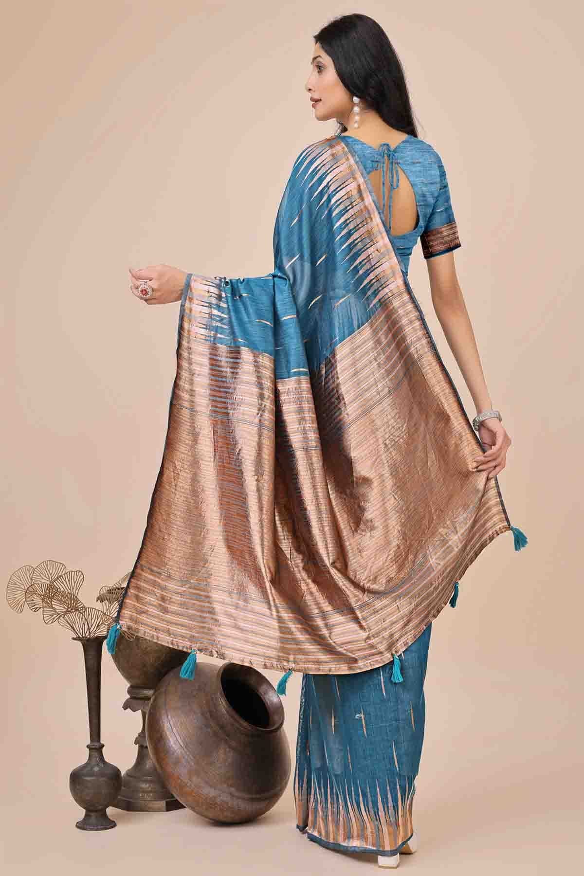 Sky Blue Colour Linen Cotton Woven Traditional Sarees VSSD1113776