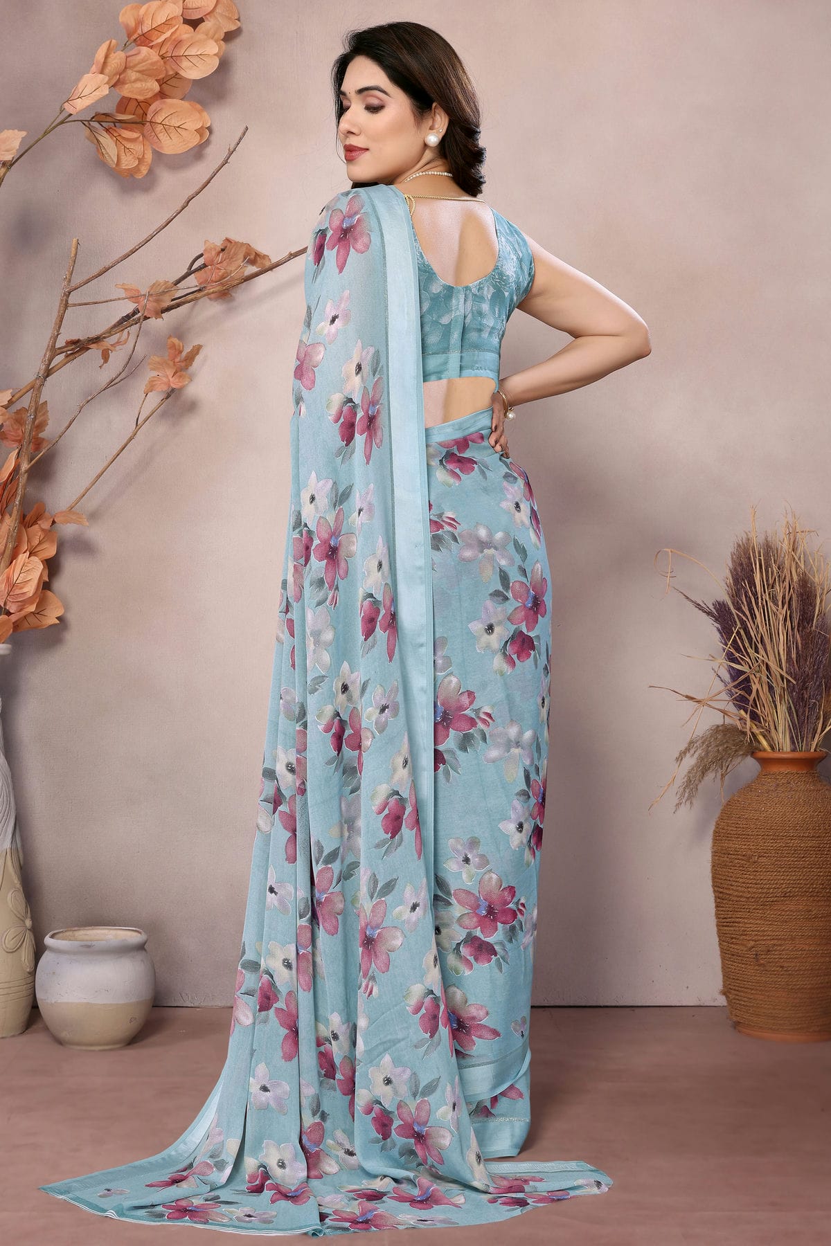 Sky Blue Colour Moss Satin Saree VSSD1180160