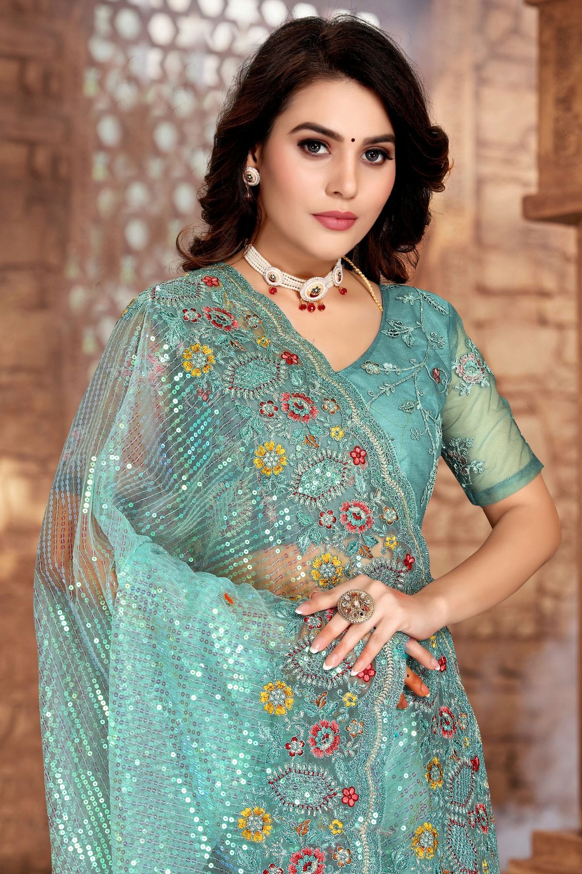 Sky Blue Colour Net Designer Saree VSLC1121330