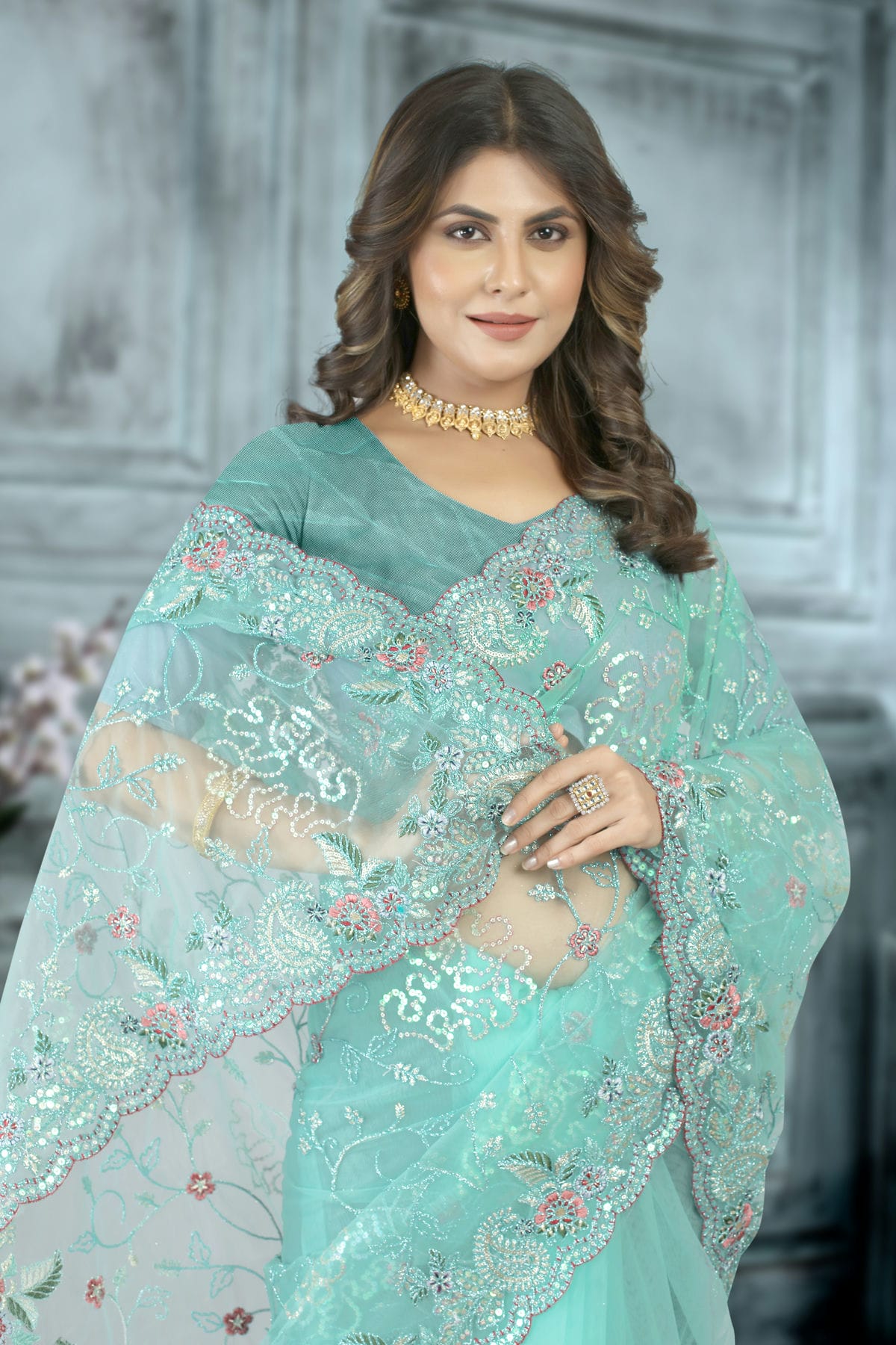 Sky Blue Colour Net Designer Saree VSLC1121411