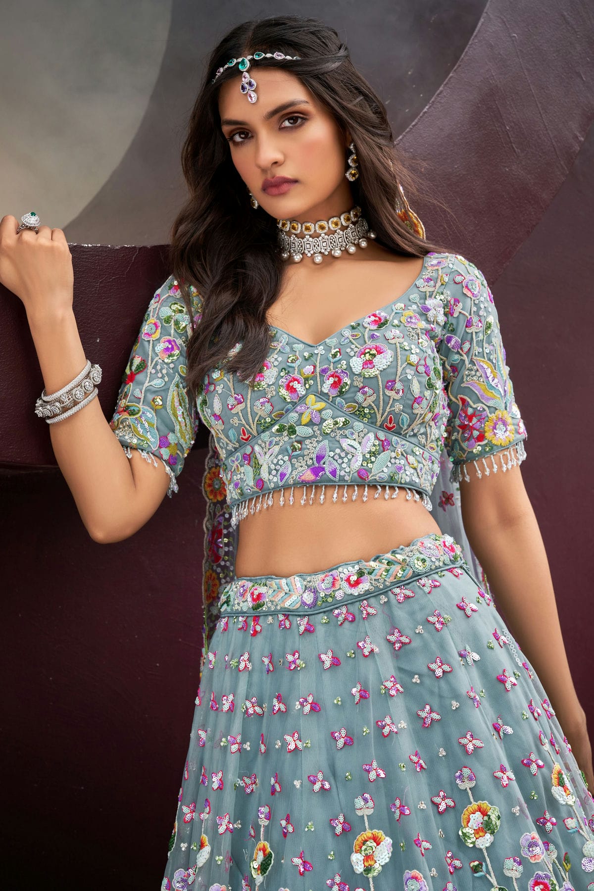 Sky Blue Colour Net Embroidery Lehenga Choli VSLC1111358