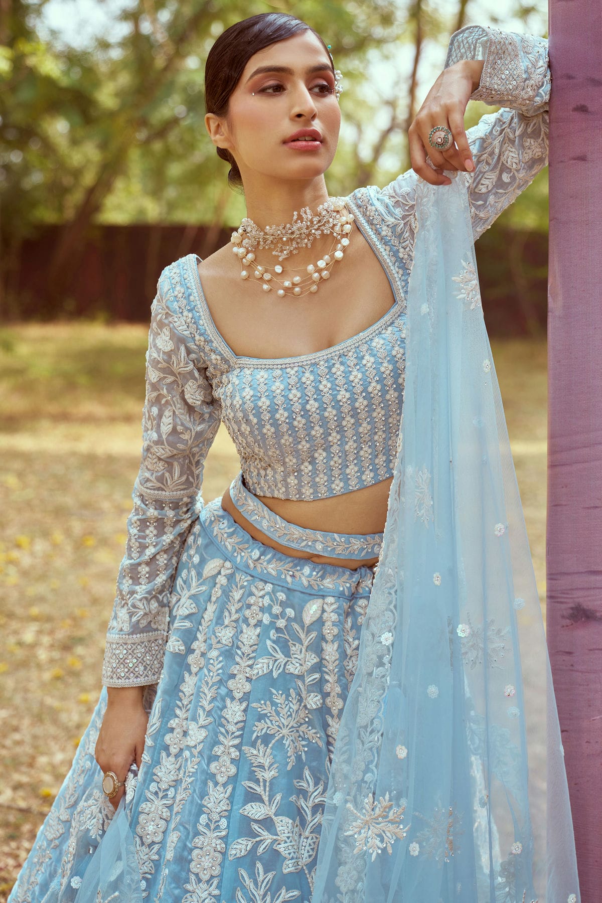 Sky Blue Colour Organza Embroidery Lehenga Choli VSLC1111397