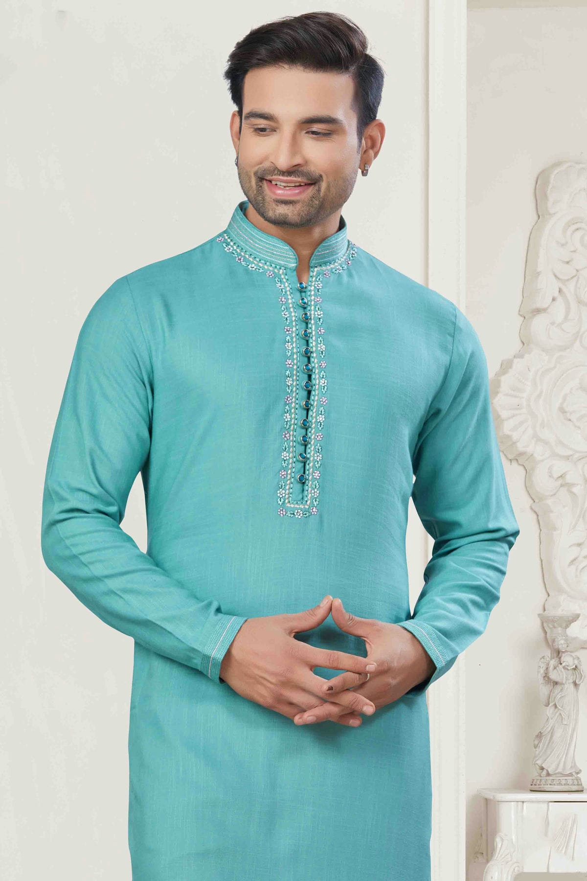 Sky Blue Colour Pintex Work and Embroidery Cotton Kurta Pajama VSKP1113425