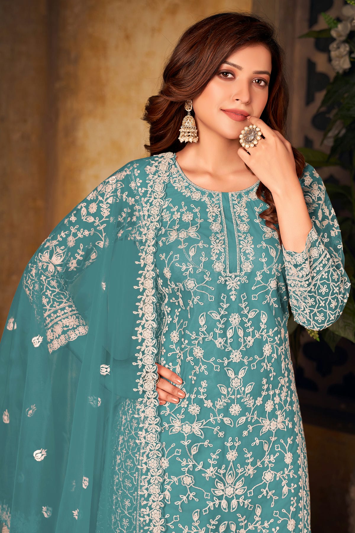 Sky Blue Colour Plazoo Pant Suit Net Semi Stitched VSSM1050524