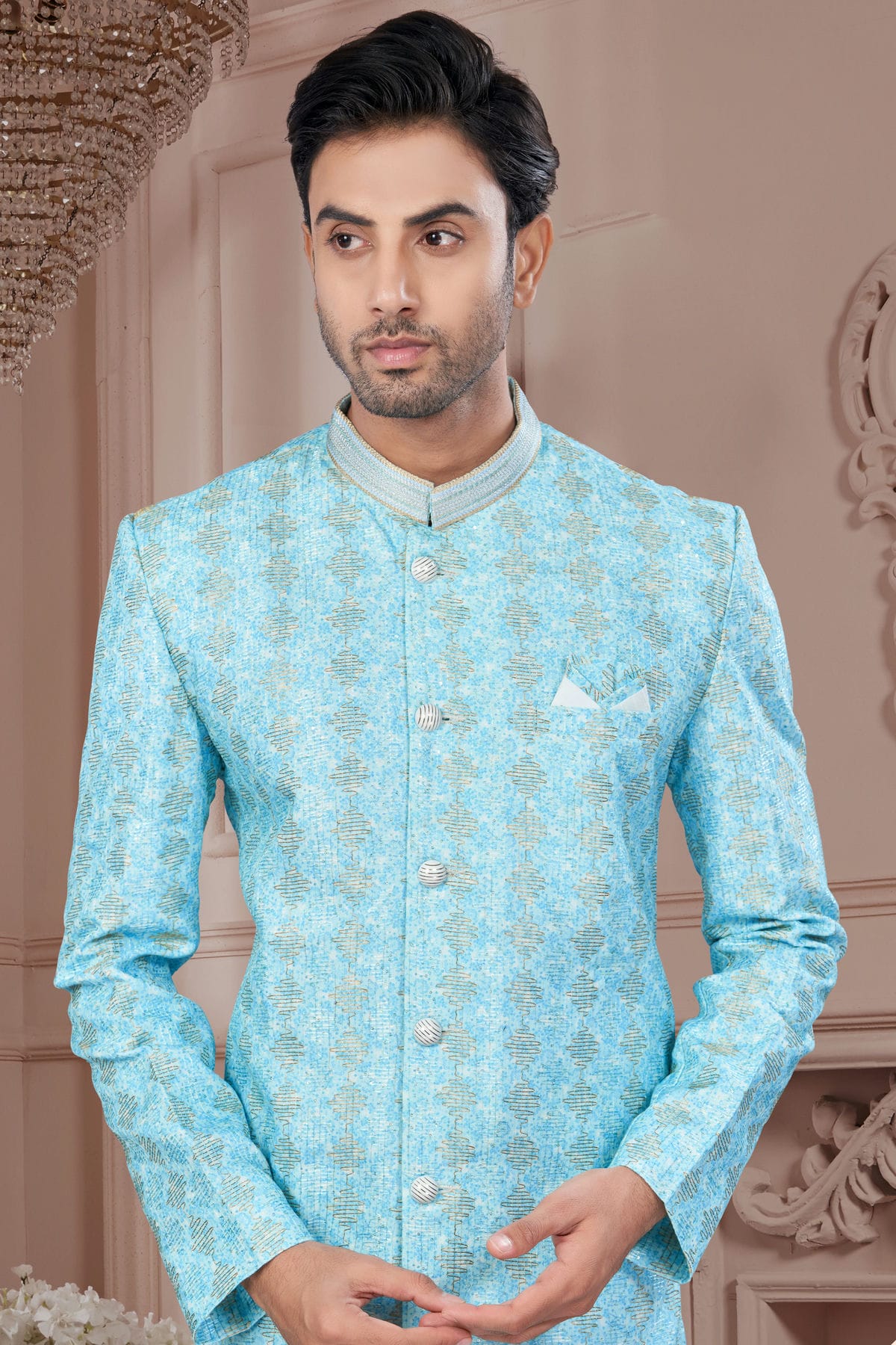 Sky Blue Colour Silk Dupion Sherwani VSSH1040592