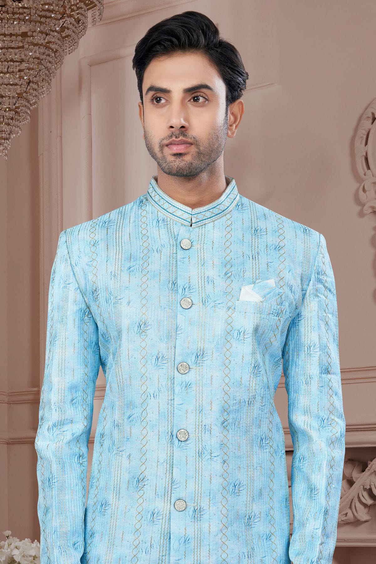 Sky Blue Colour Silk Dupion Sherwani VSSH1040594