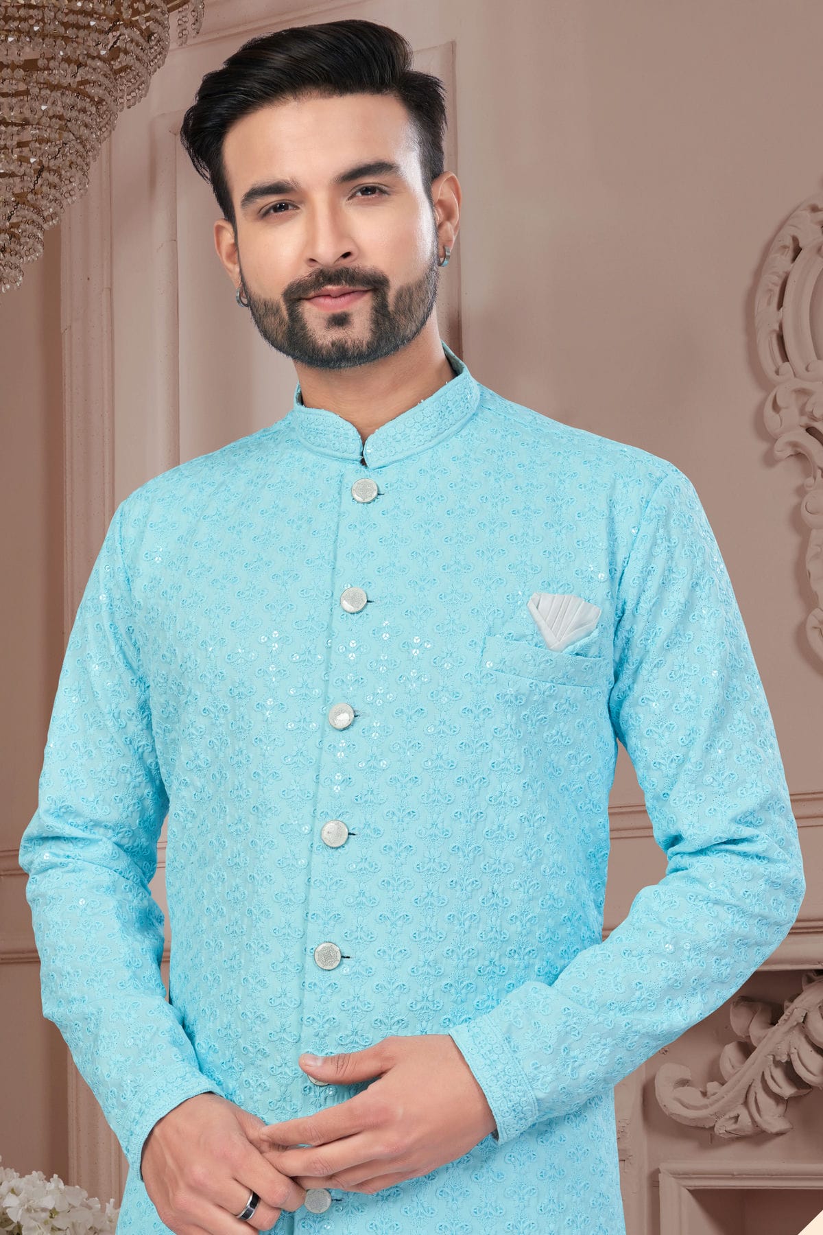 Sky Blue Colour Silk Dupion Sherwani VSSH1040606