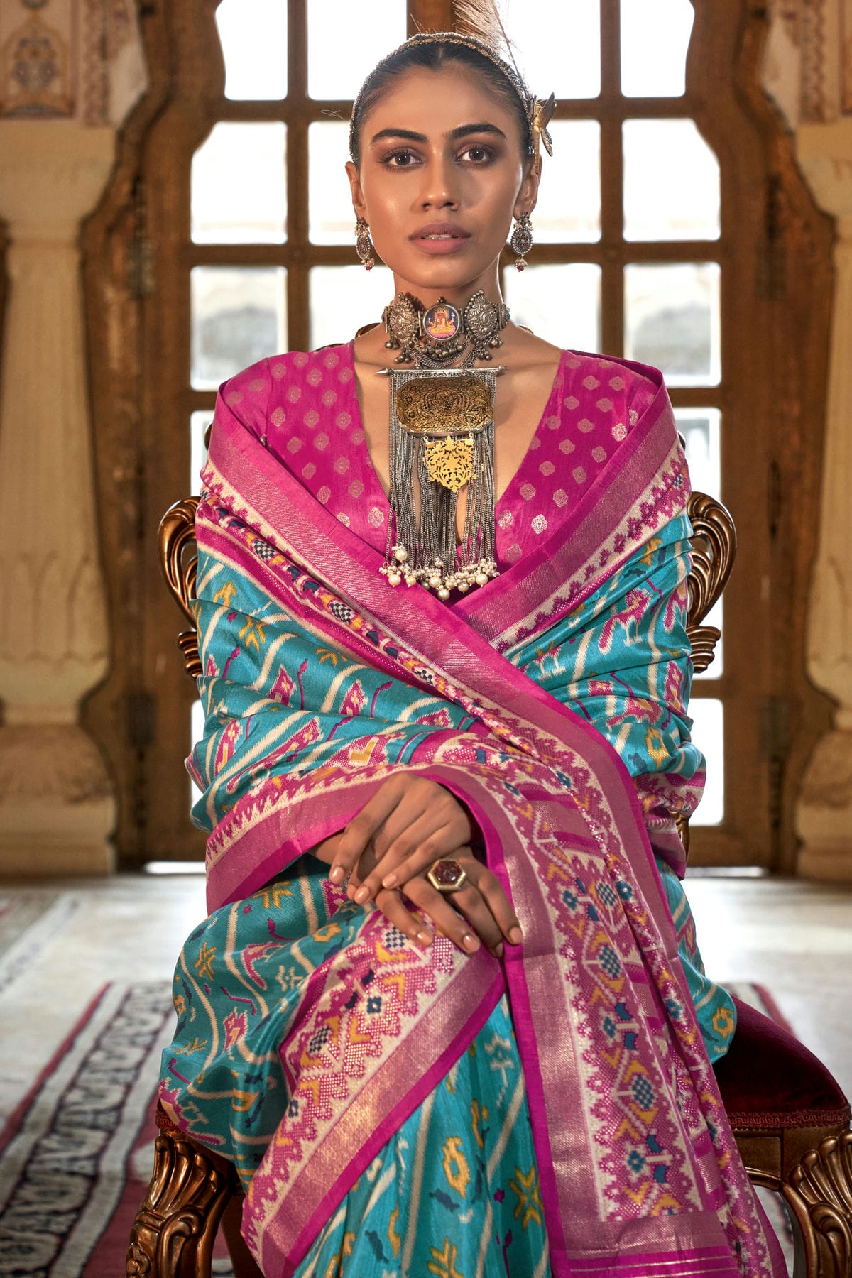 Sky Blue Colour Silk Patola Print Saree VSSD1290053