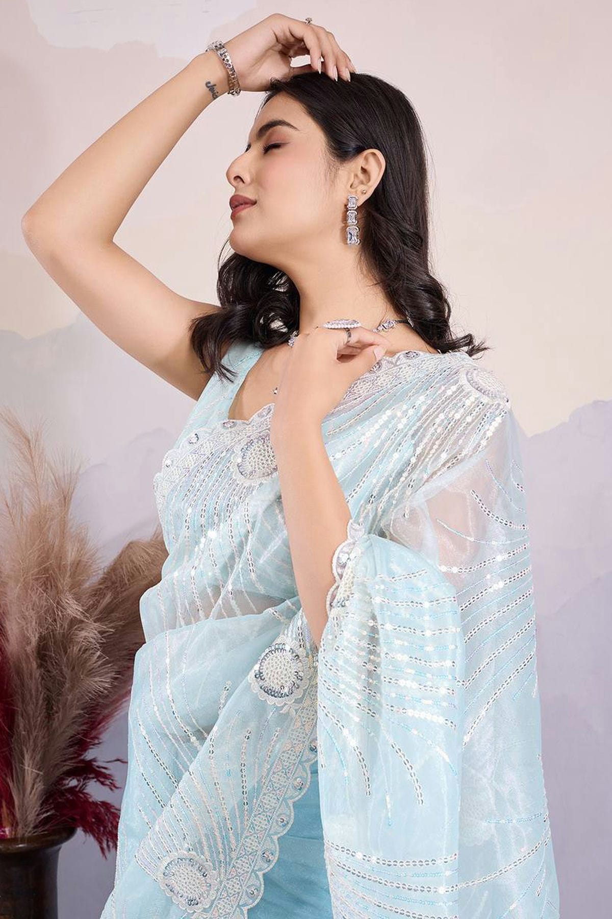 Sky Blue Colour Twill Net Embroidery Work Saree VSSD1290007