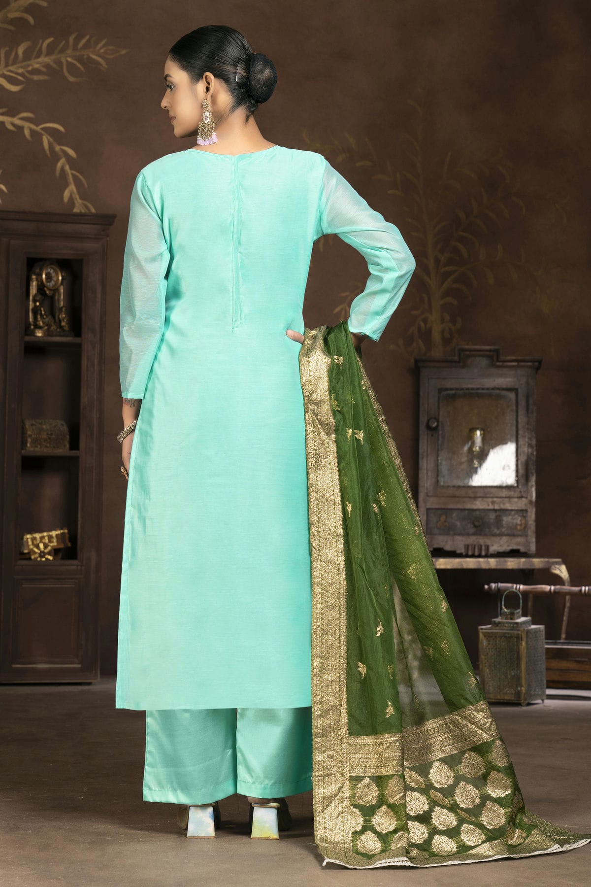 Sky Blue Colour Unstitched Organza Plazzo Pant Suit VSUS1160841