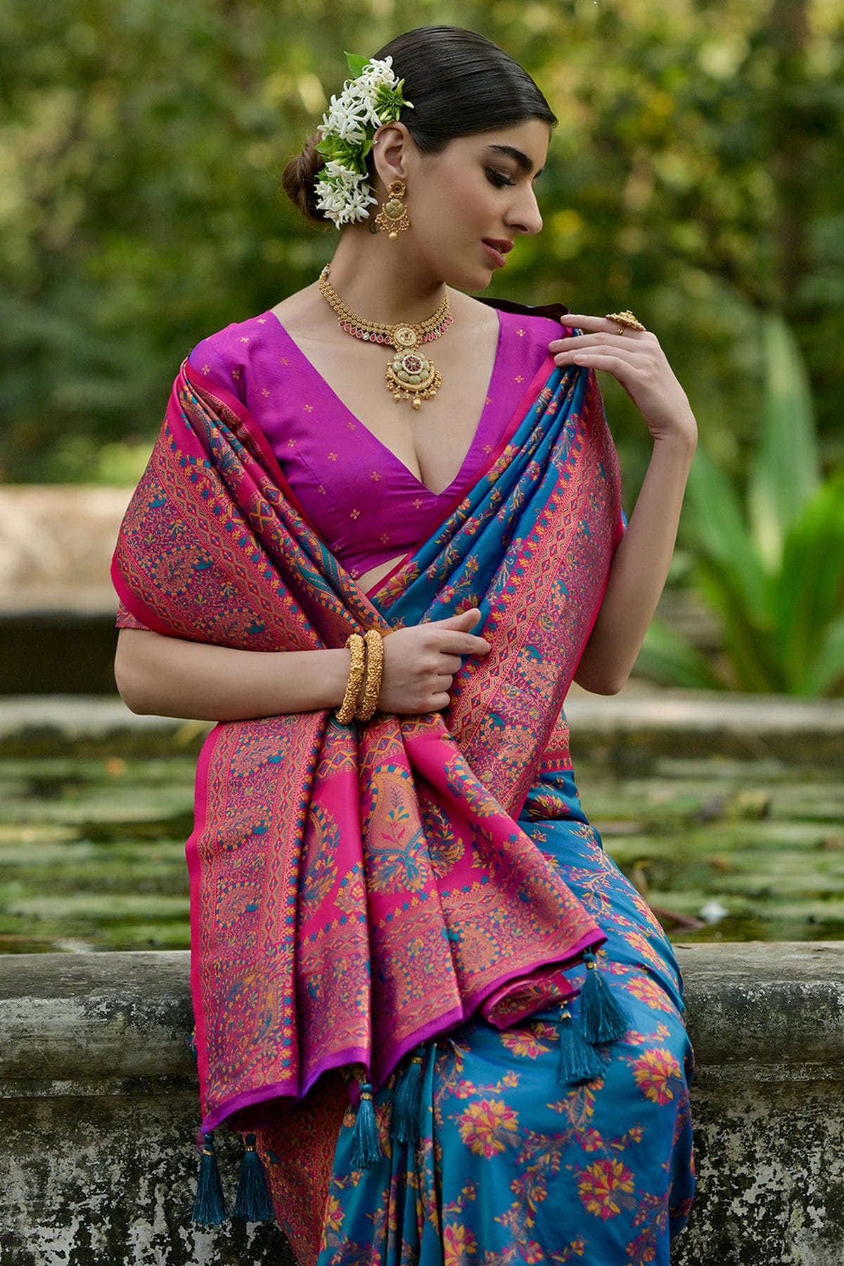 Sky Blue Colour Woven Work Pashmina Silk Saree