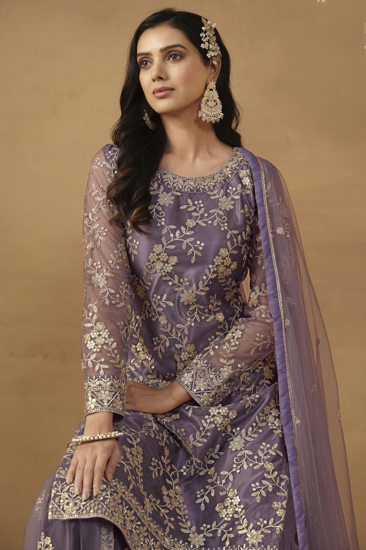 Slate Blue Colour Semi Stitched Net Sharara Suit VSSM1050459