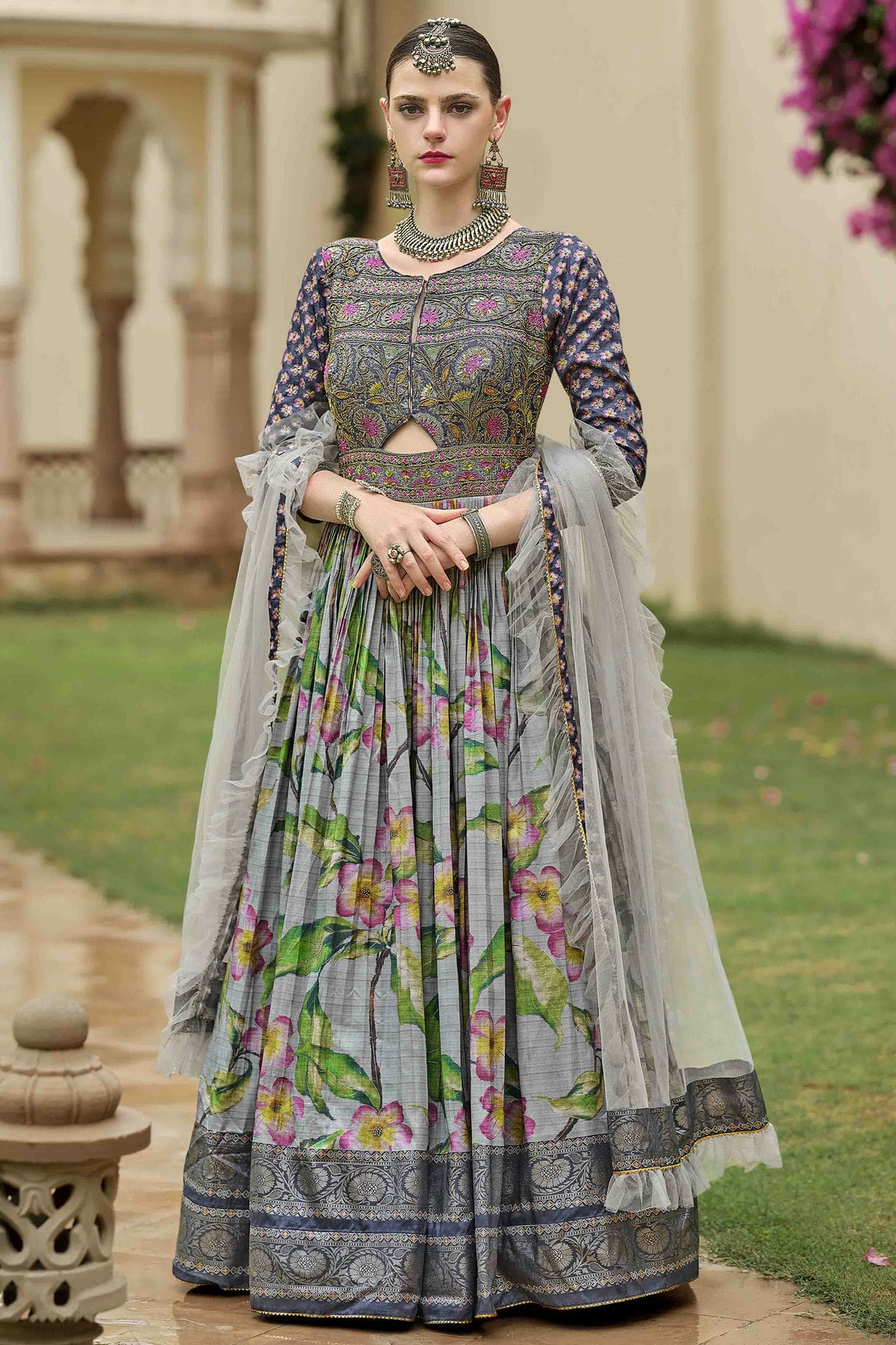 Slate Blue Colour Smooth Silk Gown VSGW1140787