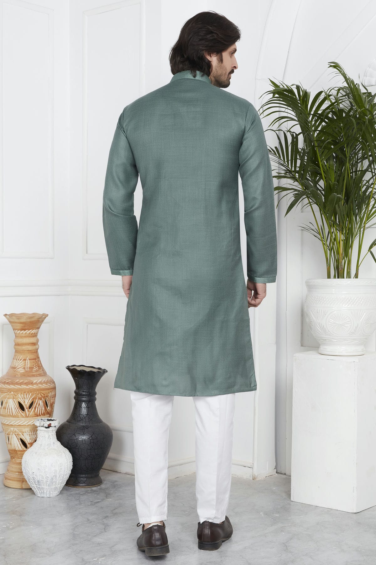 Slate Green Colour Linen Cotton Pintex Work Kurta Pajama VSKP1230127
