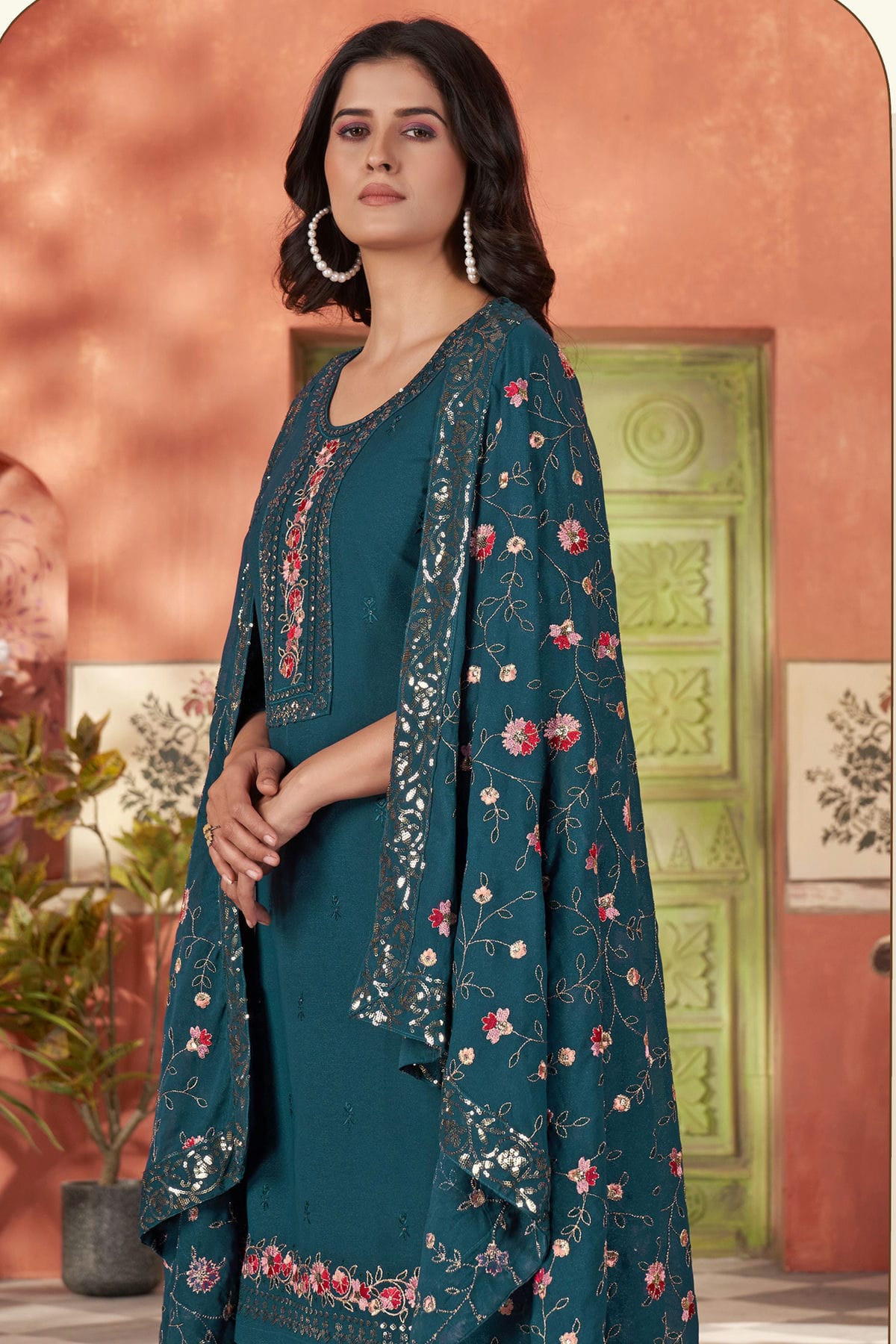 Teal Blue Colour Embroidery Georgette Stitched Suit
