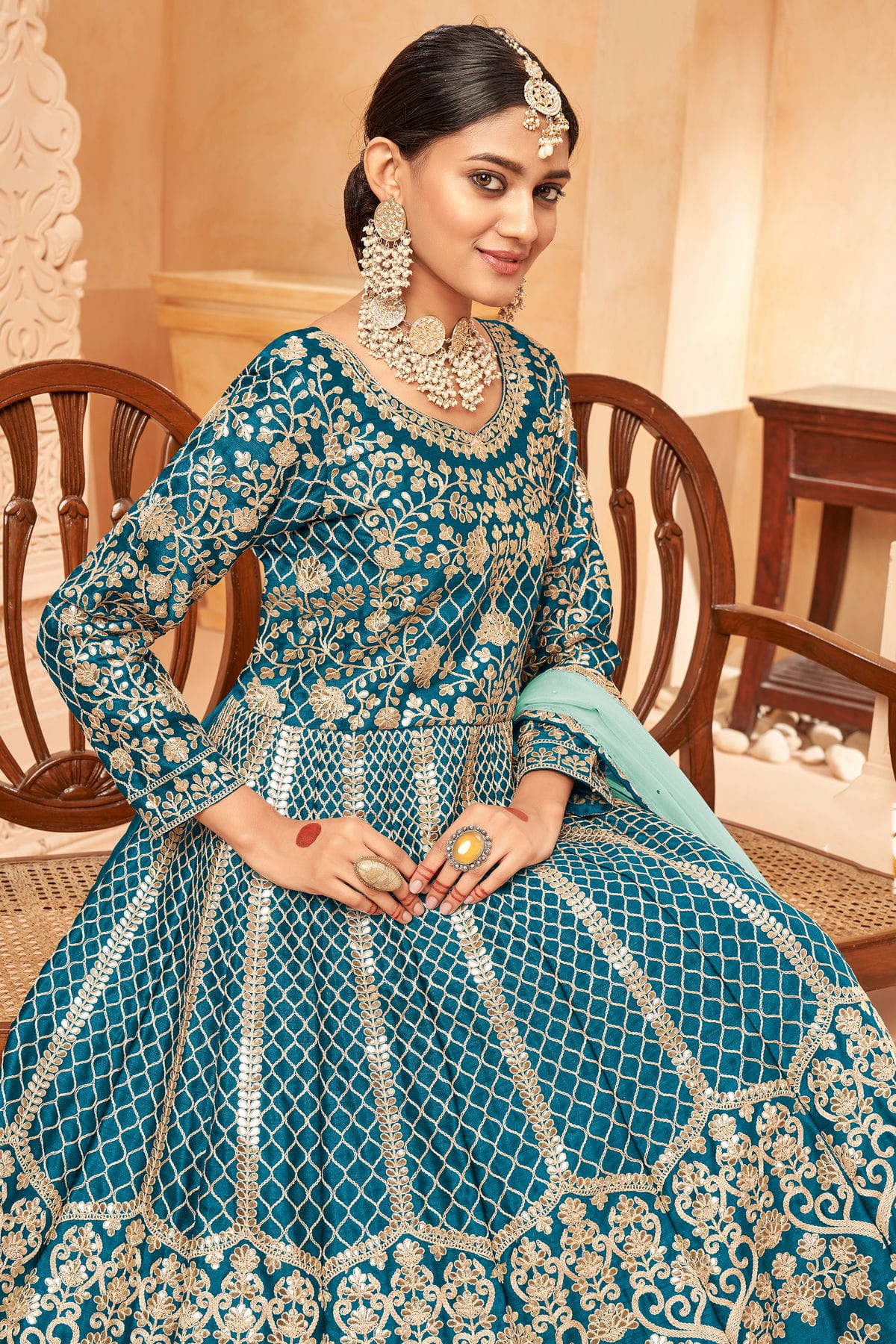 Teal Blue Colour Semi Stitched Art Silk Anarkali Suit VSSM1050405