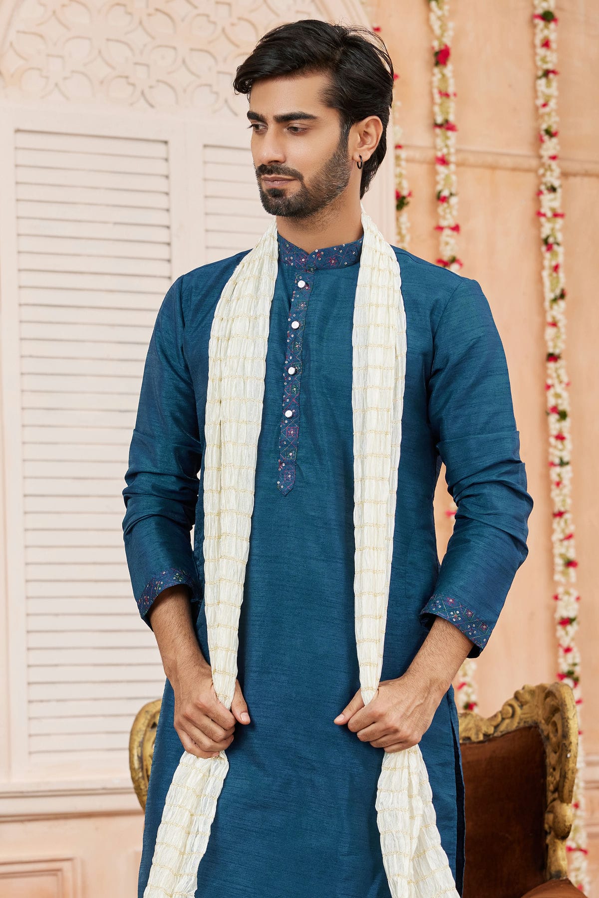 Teal Colour Art Banarasi Silk Kurta Pajama With Stole VSKP1230252