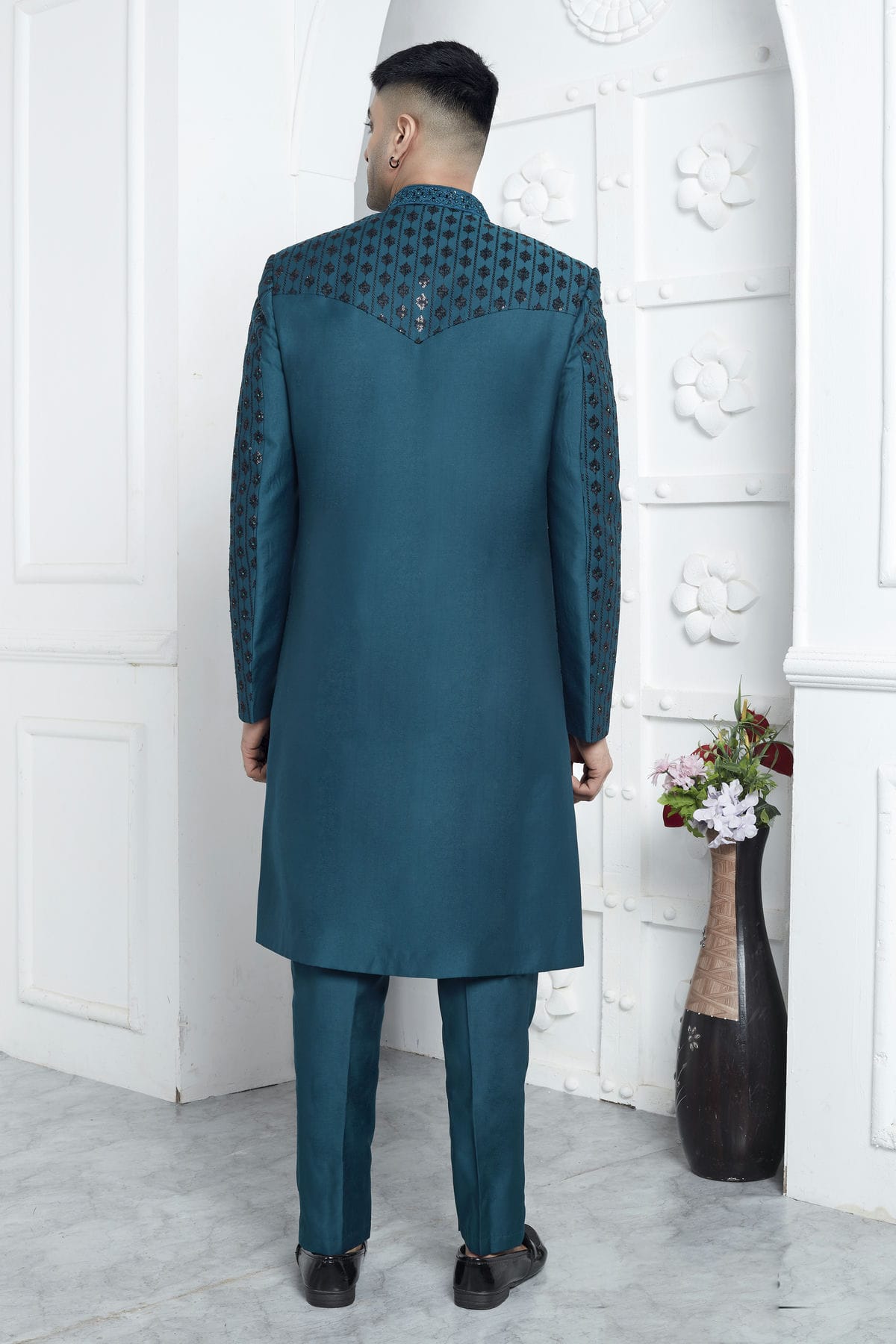 Teal Colour Art Silk Indowestern Sherwani With Aligadhi Pant VSSH1230015