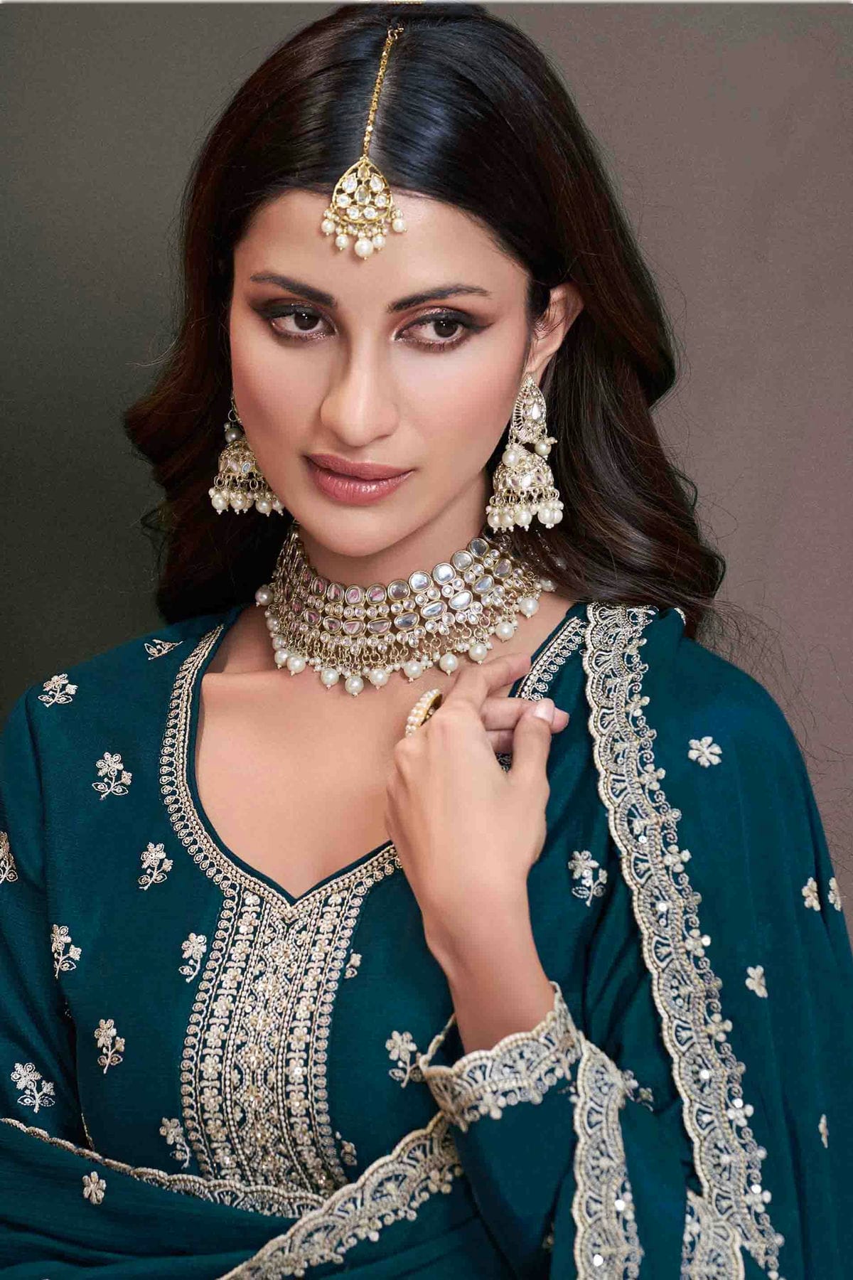 Teal Colour Chinon Palazzo Pant Suit VSSM1140924