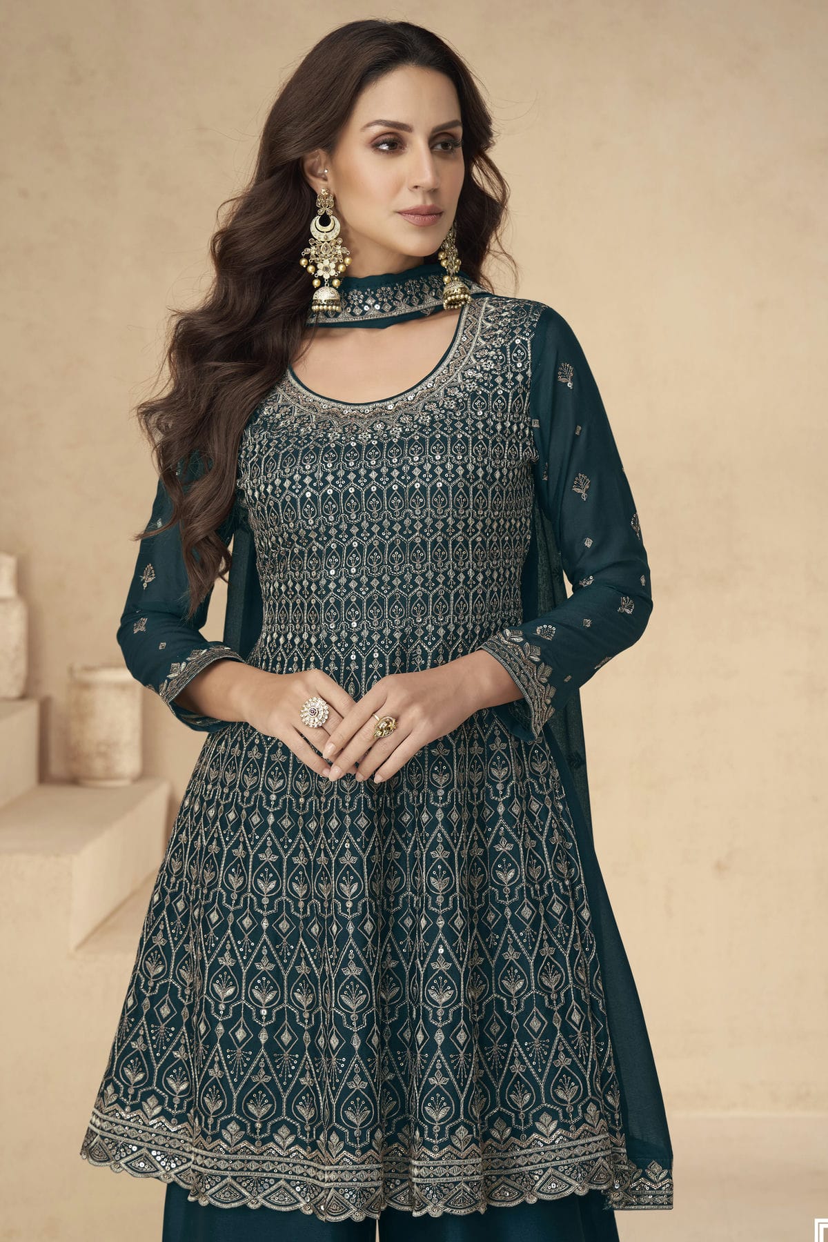 Teal Colour Chinon Silk Palazzo Pant Suit VSSM1140536